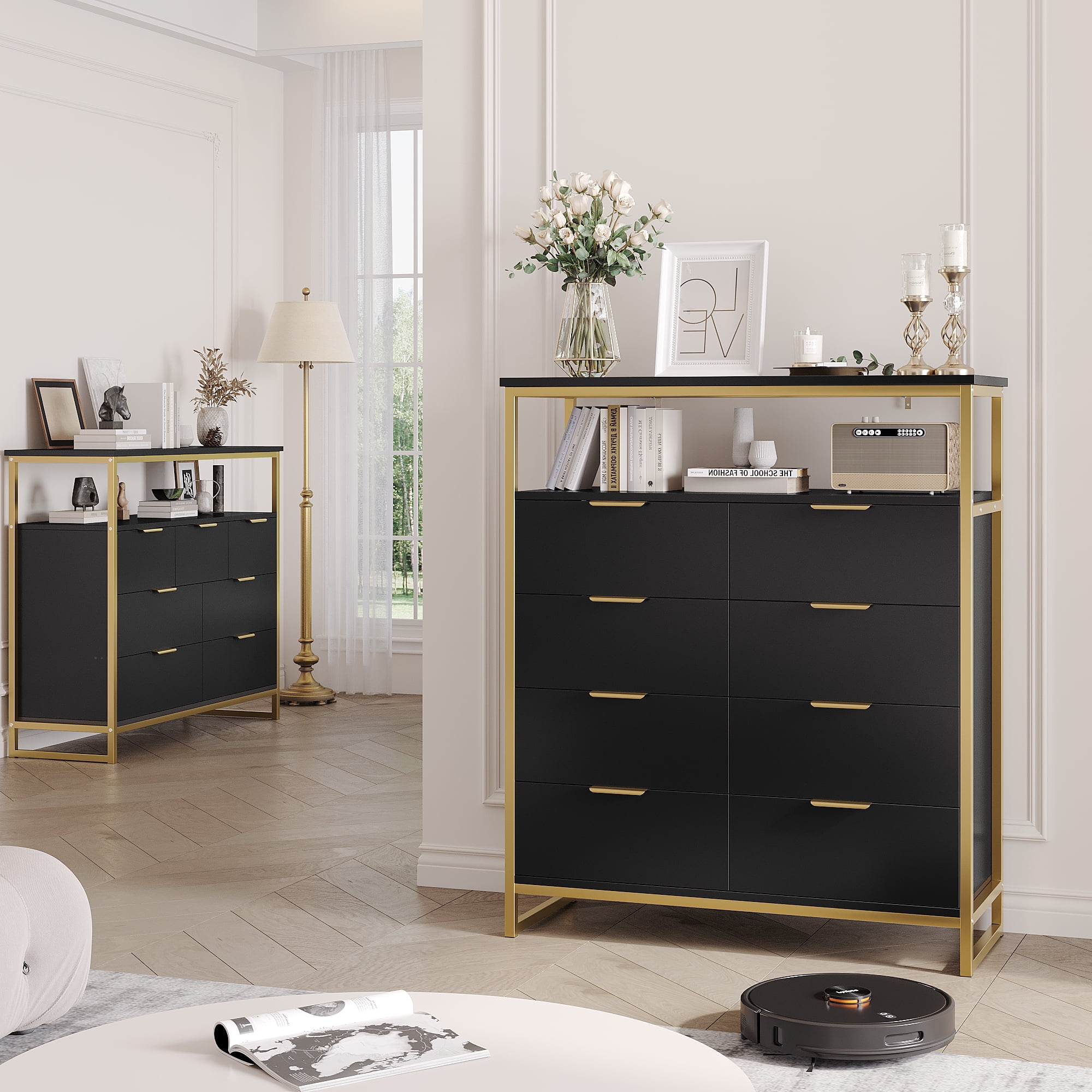 Homfa 8 Drawer Dresser for Bedroom, Modern Chest of Drawer, Wood Storage Cabinet with Shelf for Living Room, Black Gold - Image 4