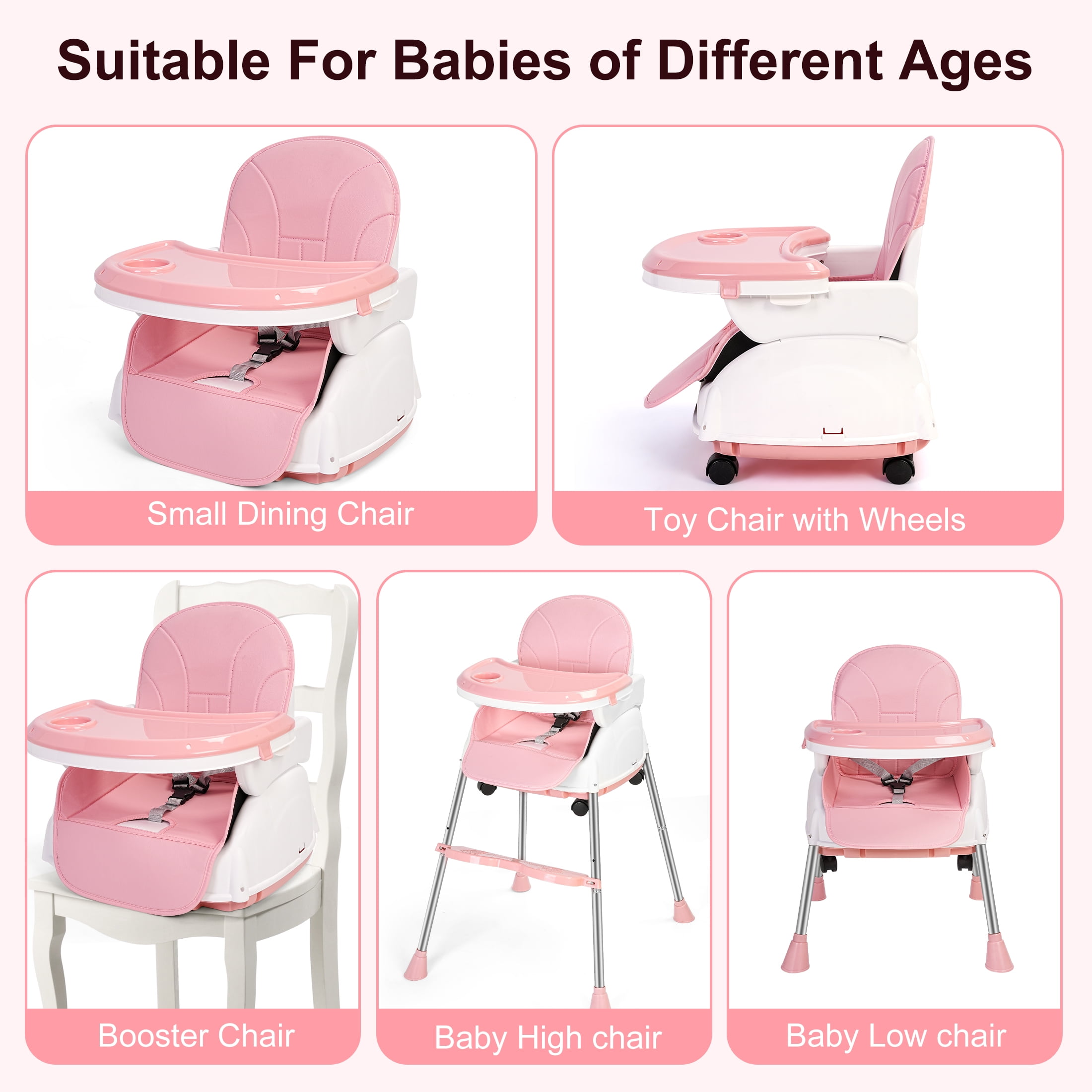 Minikid 5-in-1 High Chair with Wheels, 3-Point Seat Belt, Double-Layer Dinner Plate, Pink - Image 3