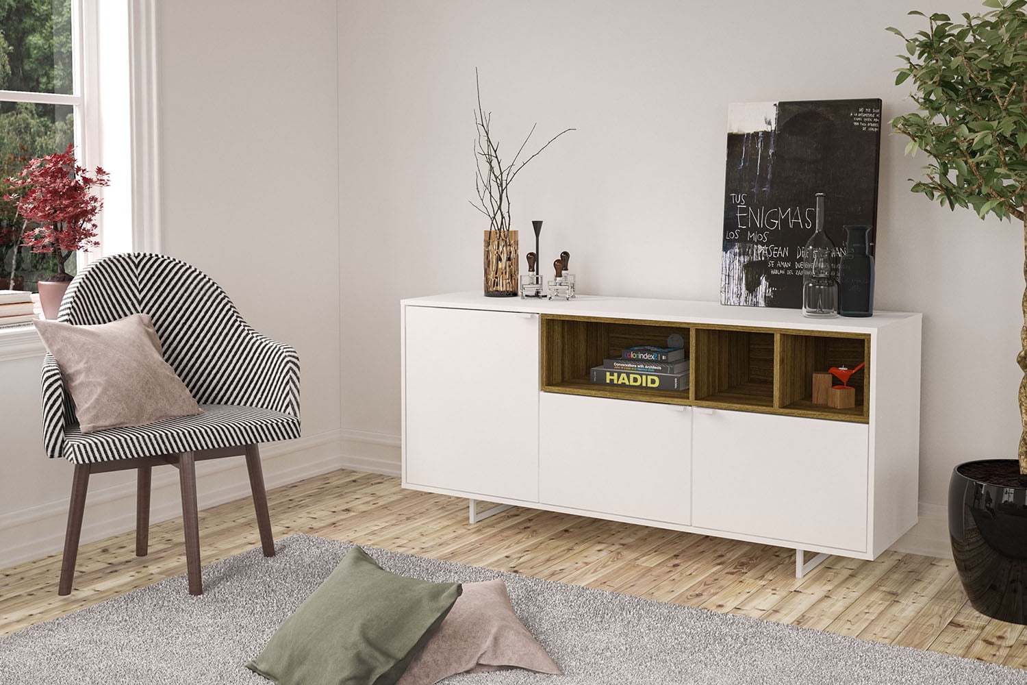 Polifurniture Honolulu TV Stand with 3 Open Shelves for TVs up to 65, White & Walnut - Image 11