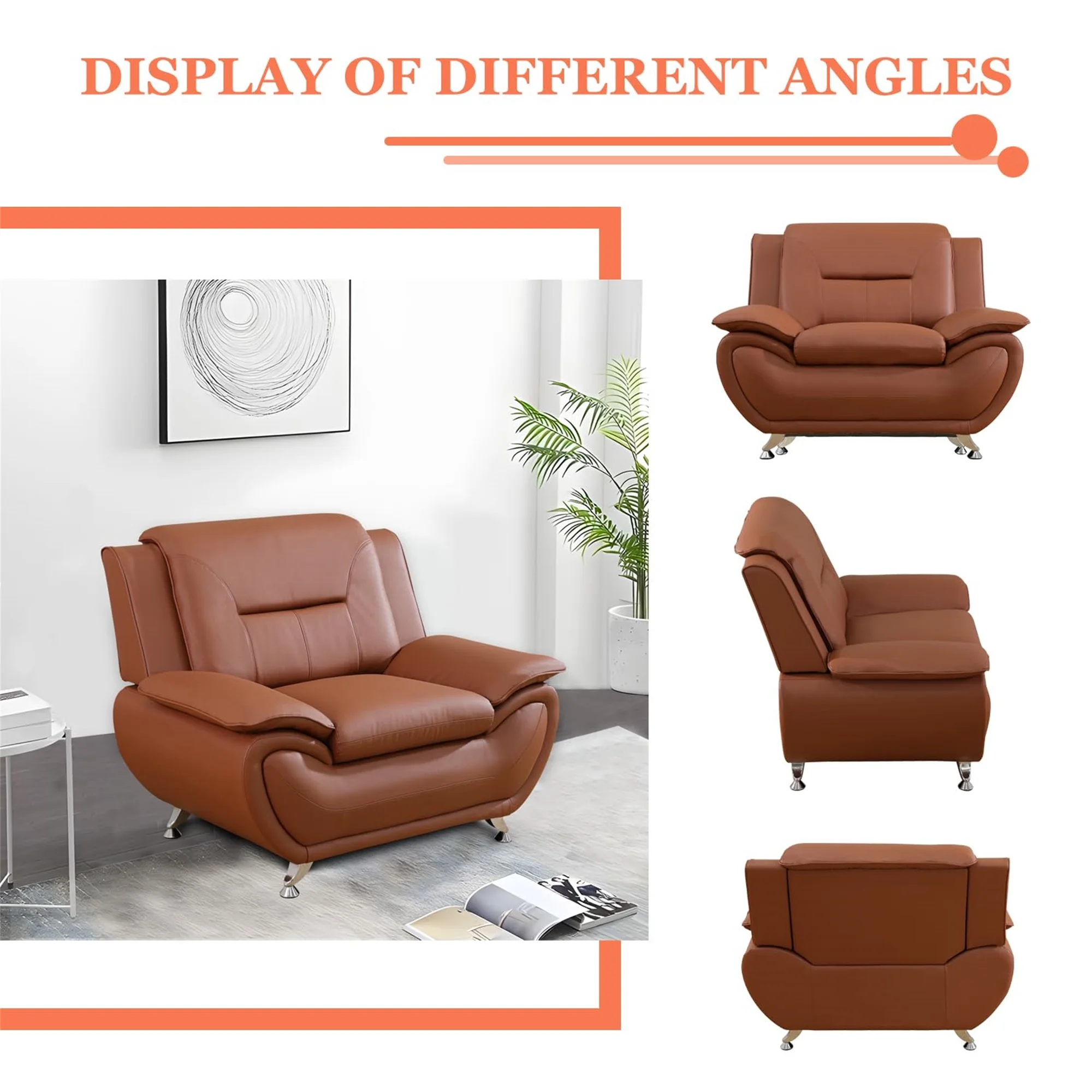 Aukfa 3 Piece Sofa Set - 79" Upholstered 3 Seat Sofa Couch for Living Room Bedroom, Leather, Orange - Image 6