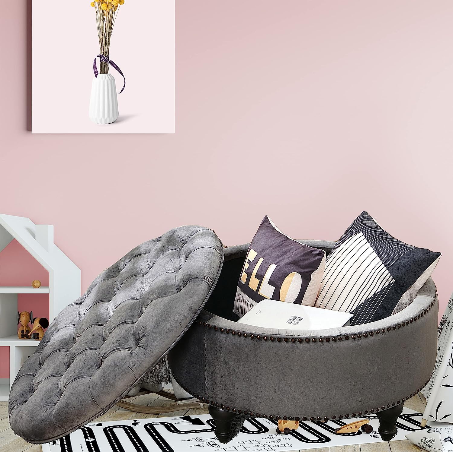 Upholstered 30" Round Storage Button Ottoman, Nail Head Tufted Seating, with Removable Lid Dark Grey - Image 2