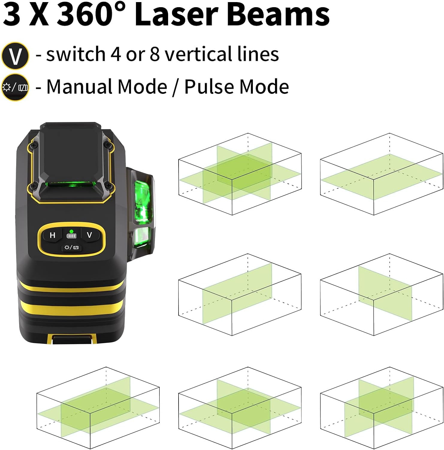 Laser Level, IKOVWUK 3x360° Cross Line Laser for Construction and Picture Hanging, 12 Green Lasers with Self-leveling, 65 ft Vertical & Horizontal Line, Level Tool with 5200 mAh Rechargeable Battery - Image 2