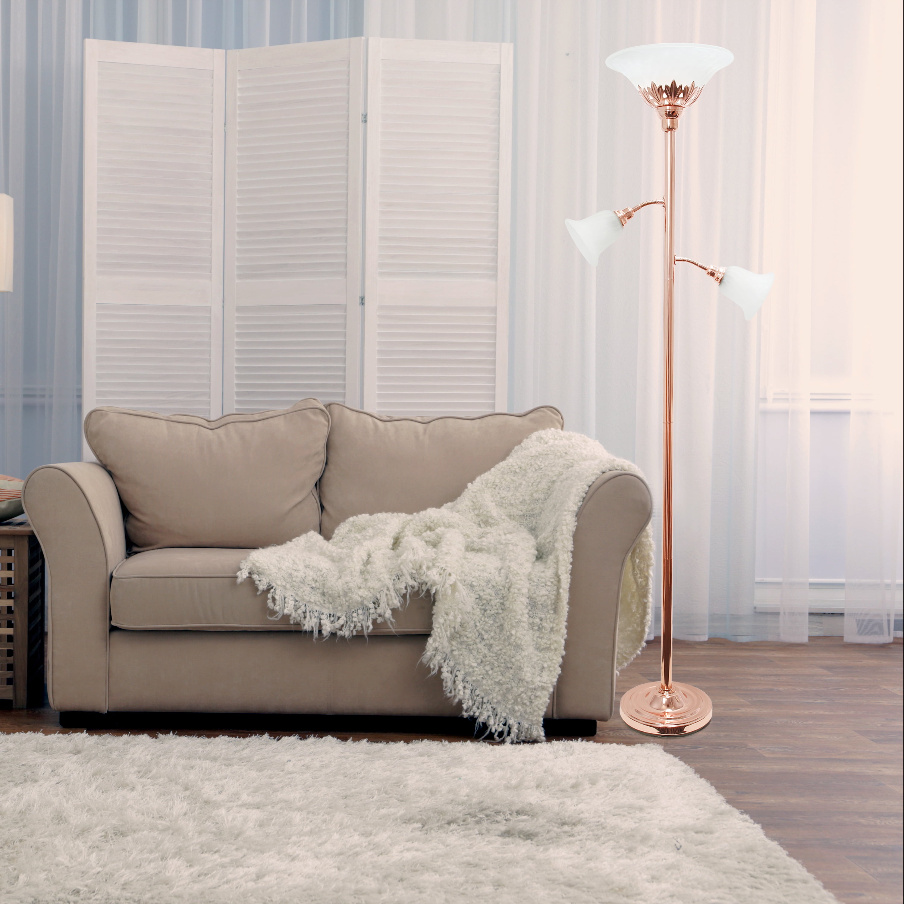 Elegant Designs 71" 3-Light Floor Lamp with White Scalloped Glass Shades, Rose Gold - Image 7