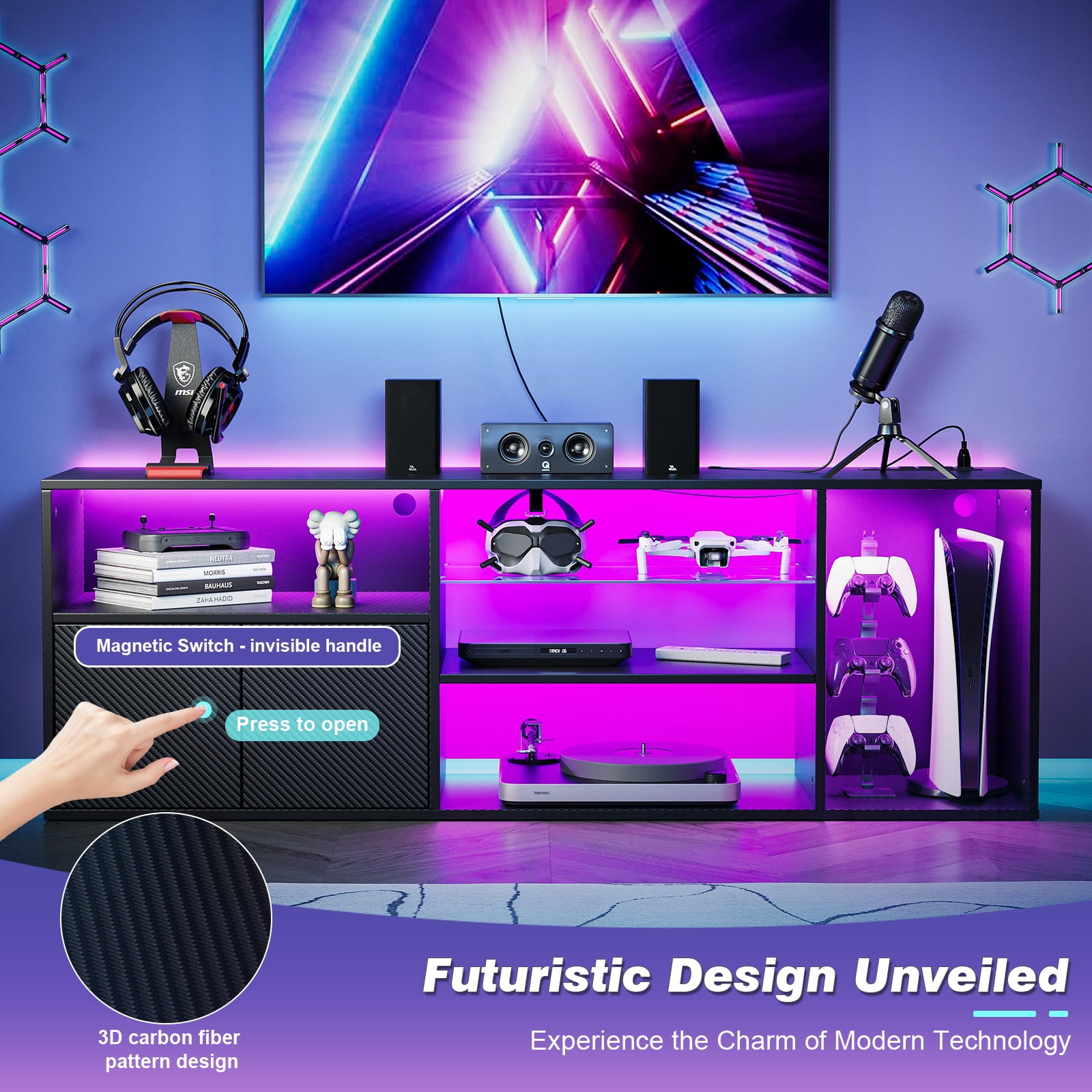 TV Stand for Living Room, Entertainment Center for TVs up to 65 inch, TV Console Table with Adjustable Shelves, Carbon fiber - Image 6