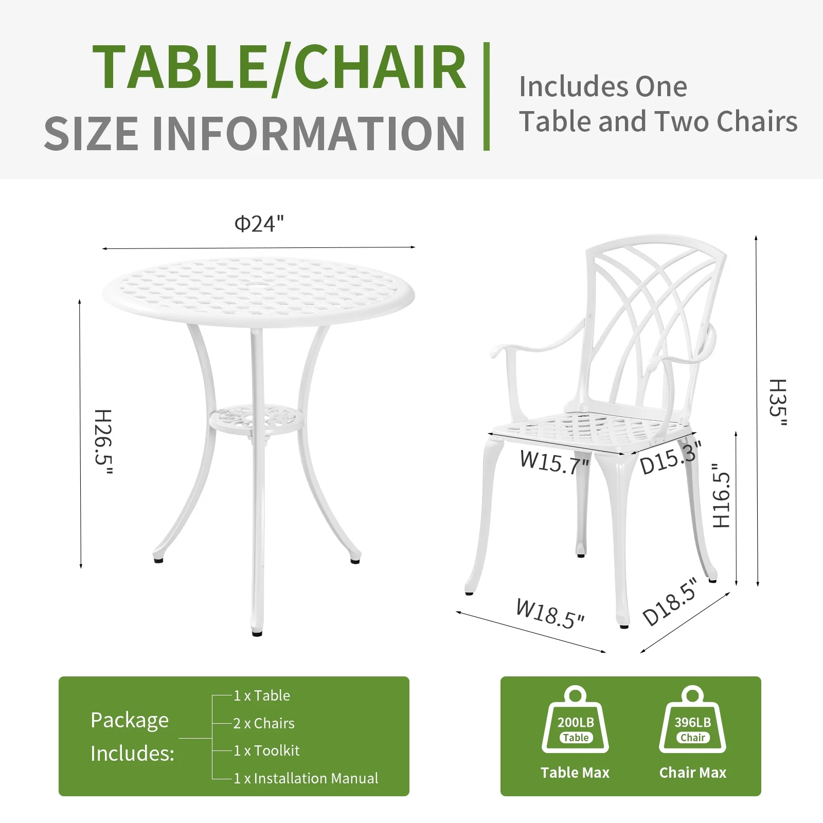 PATIO-IN 3 Piece Patio Set Outdoor Cast Aluminum Bistro Table and Chairs Set of 2 with 1.97"Umbrella Hole for Garden,White - Image 3