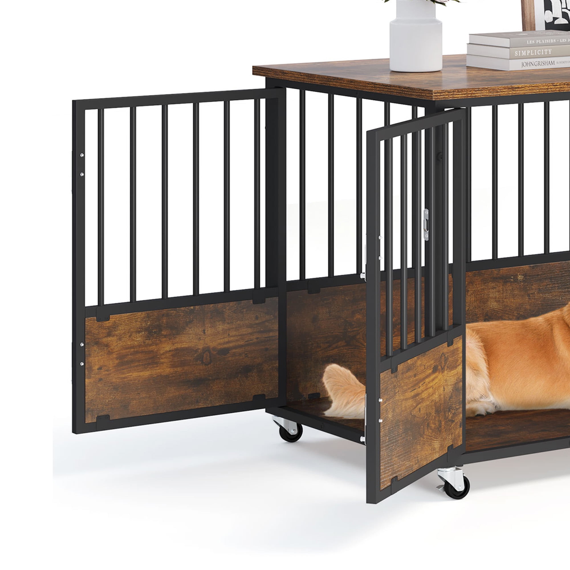 Dextrus Large Dog Crate Furniture with Wheels, 38in Rustic Heavy Duty Metal Dog Crate and Kennel for Small Medium Dogs - Image 7