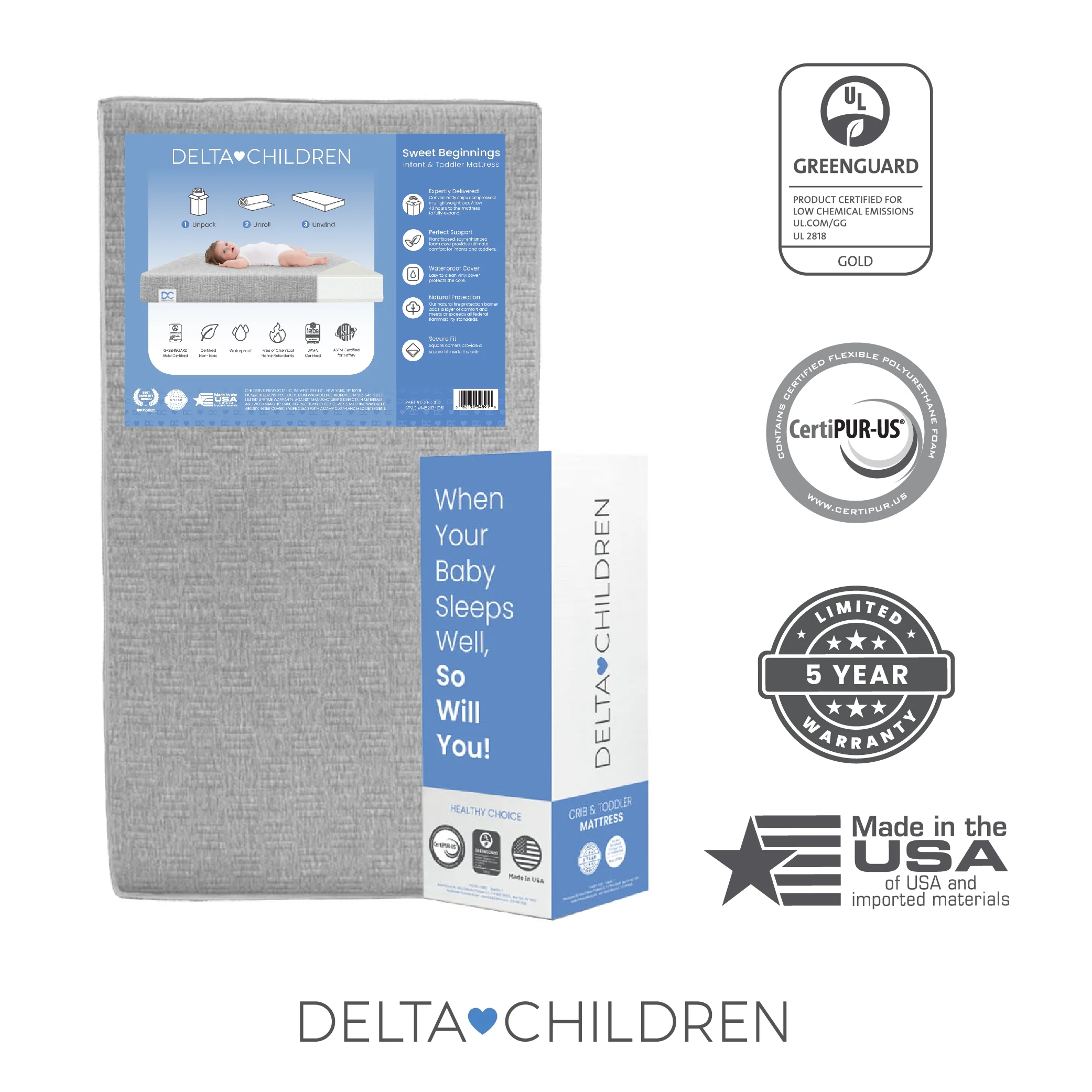 Delta Children Sweet Beginnings Dual Sided Baby Crib Mattress and Toddler Mattress, GREENGUARD Gold and CertiPUR-US Certified, Firm Plant-Based Foam, Waterproof, 5 Year Warranty - Image 10