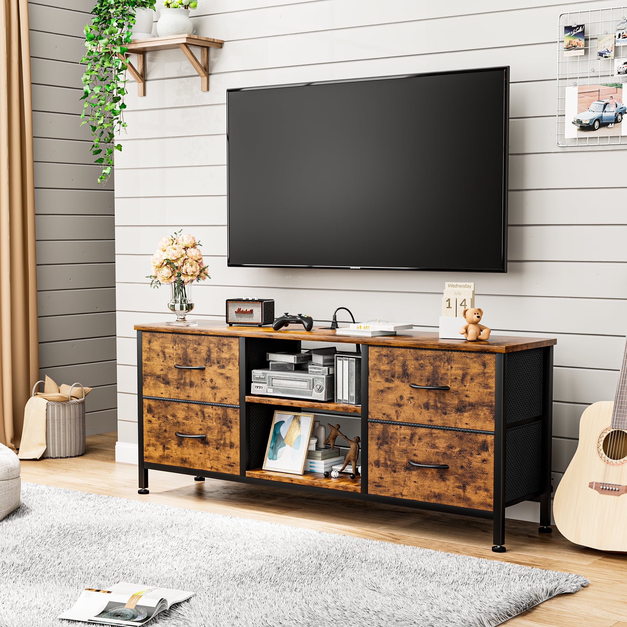 GIKPAL Dresser TV Stand, Dressers for Bedroom TV Stand 4 Drawers with Power Outlet for 50" TV Chest of Drawers for Living Room, Brown - Image 4