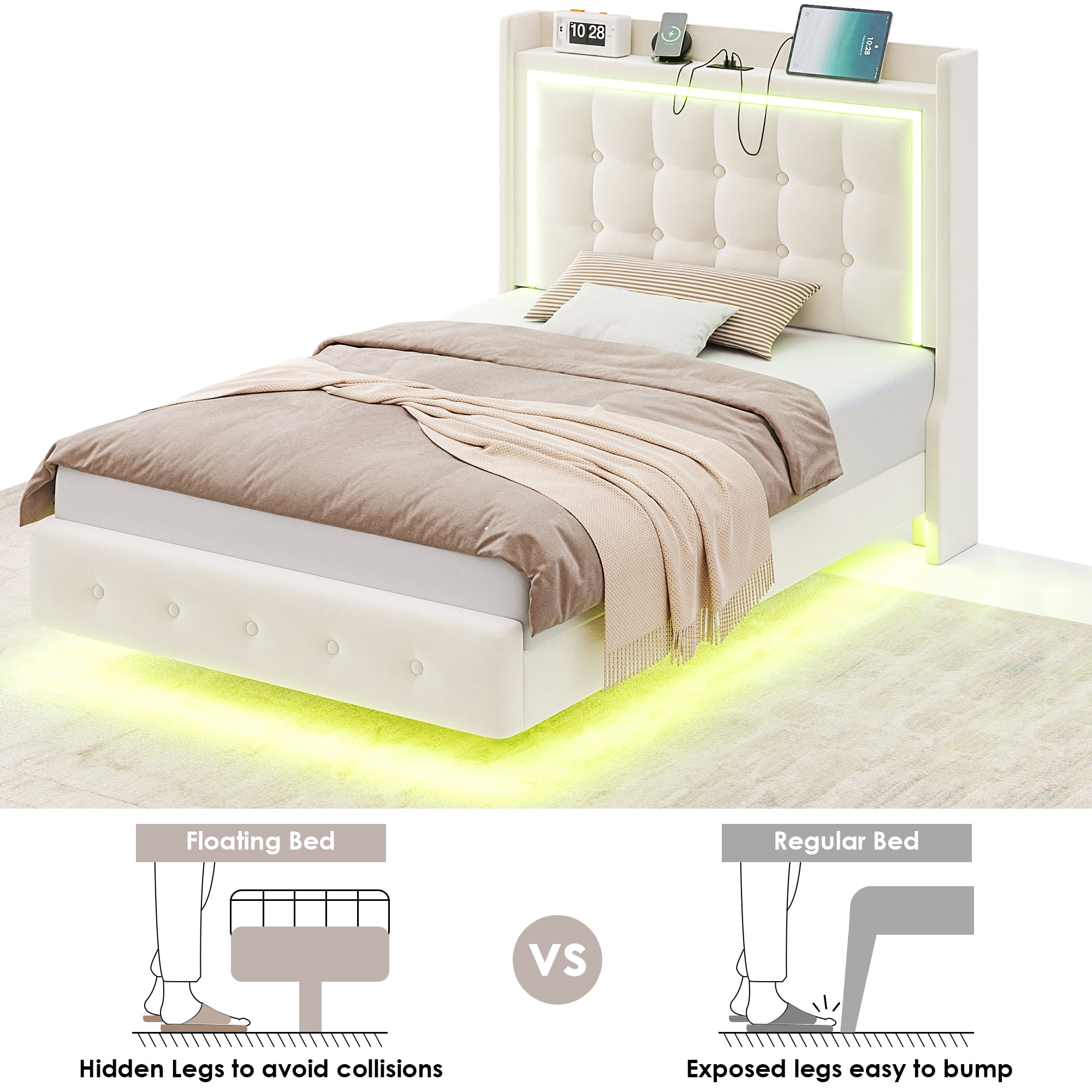 Homfa Twin Size Floating Bed Frame with RGB LED Lights Charging Station, Modern Velvet Upholstered Platform Bed Frame with Storage Headboard, Off-White - Image 8