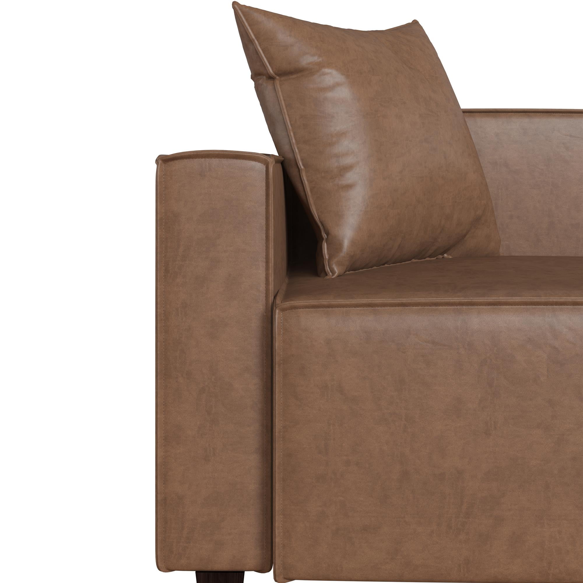Mainstays Wynnewood 75" Low Profile Faux Leather Sofa Couch with 2 Throw Cushions, Brown - Image 11
