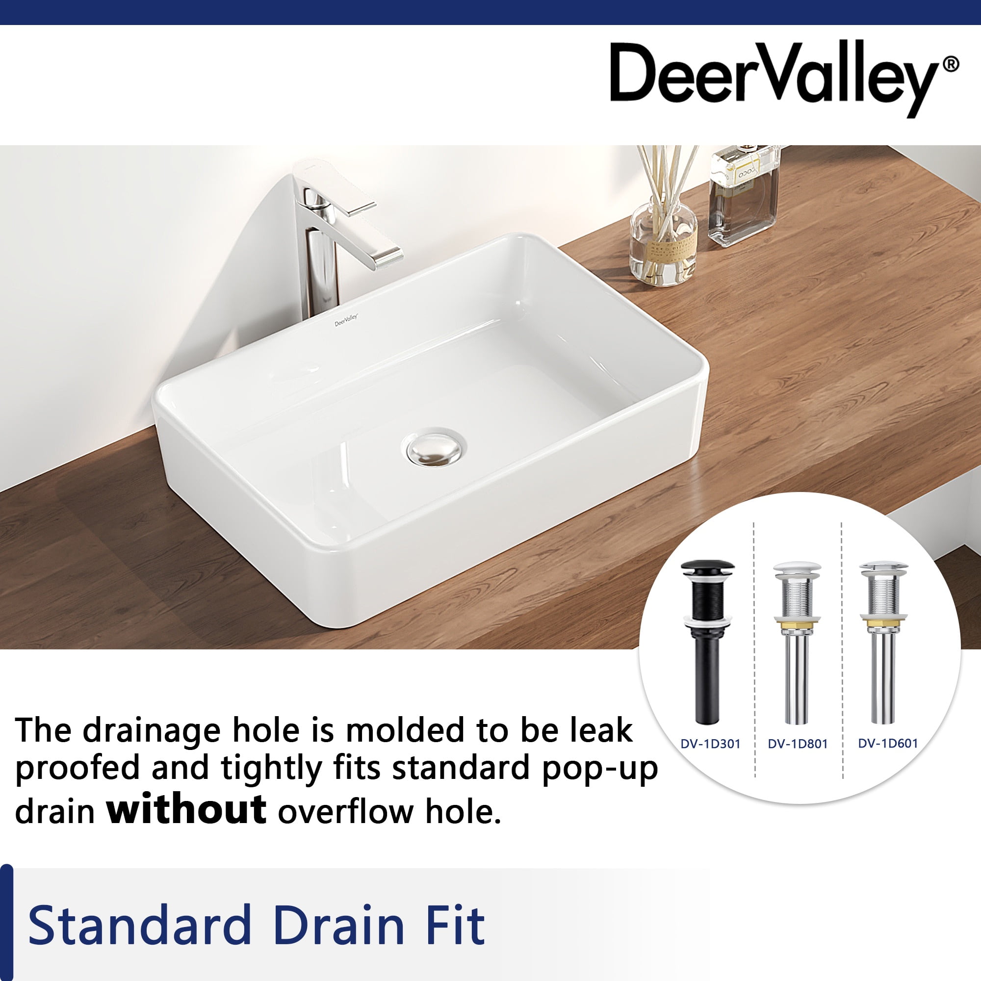 DeerValley DV-1V032 White Ceramic Rectangular Vessel Sink Above Counter White Bathroom Vanity Sink Bathroom Sink Art Basin (19.92'' L x 14'' W x 4.37'' H) - Image 9