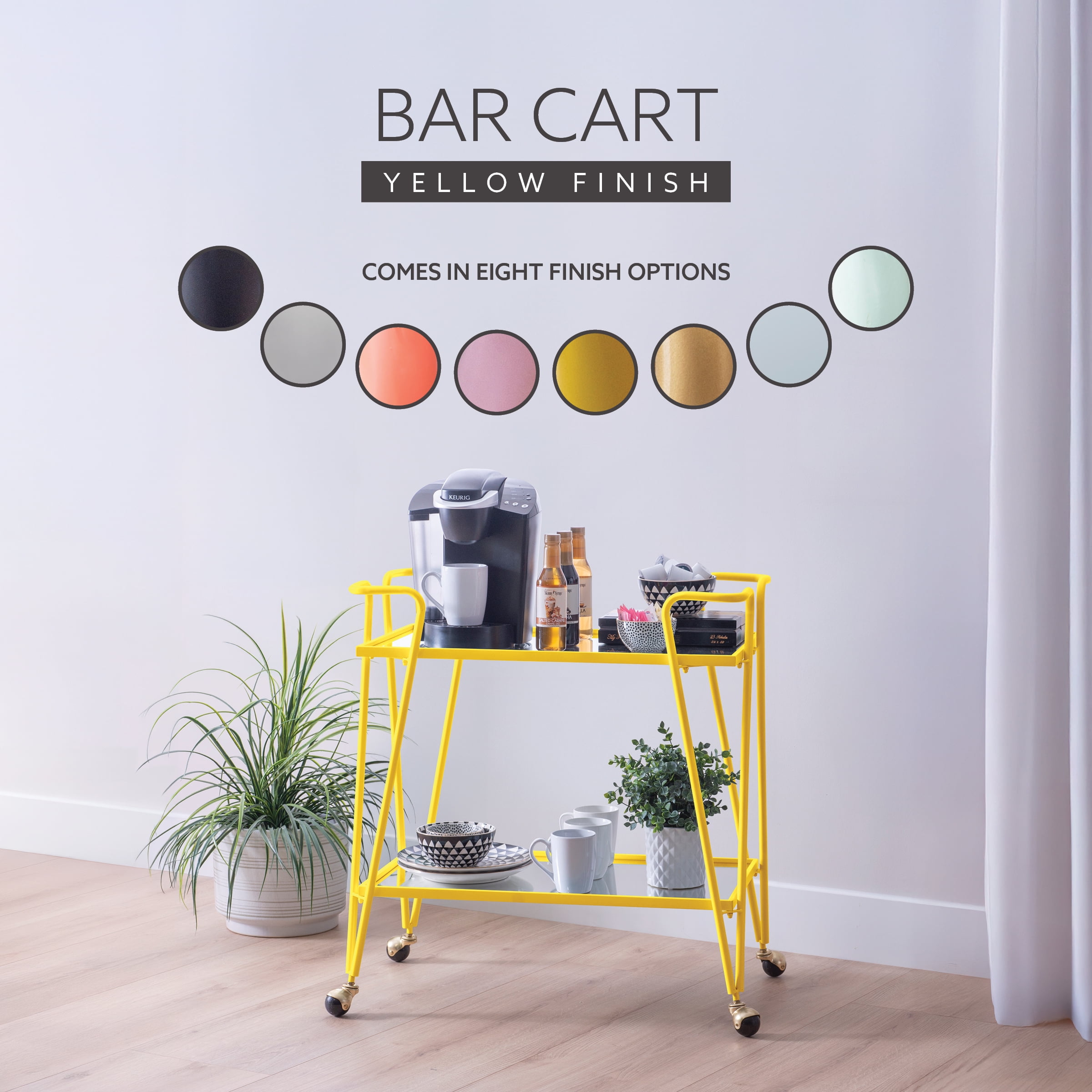 Linon Lawsonia 2-Tier Mid-Century Mobile Bar Cart with Mirrored Top, 32.5" Tall, 27 lb, Yellow - Image 15