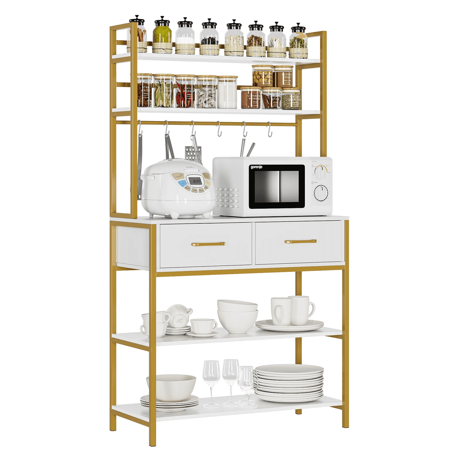 Homfa Gold Ladder Shelf with 2 Drawer, 5 Tier White Standard Bookcase for Homfa Office, Backer Racks for Kitchen - Image 8