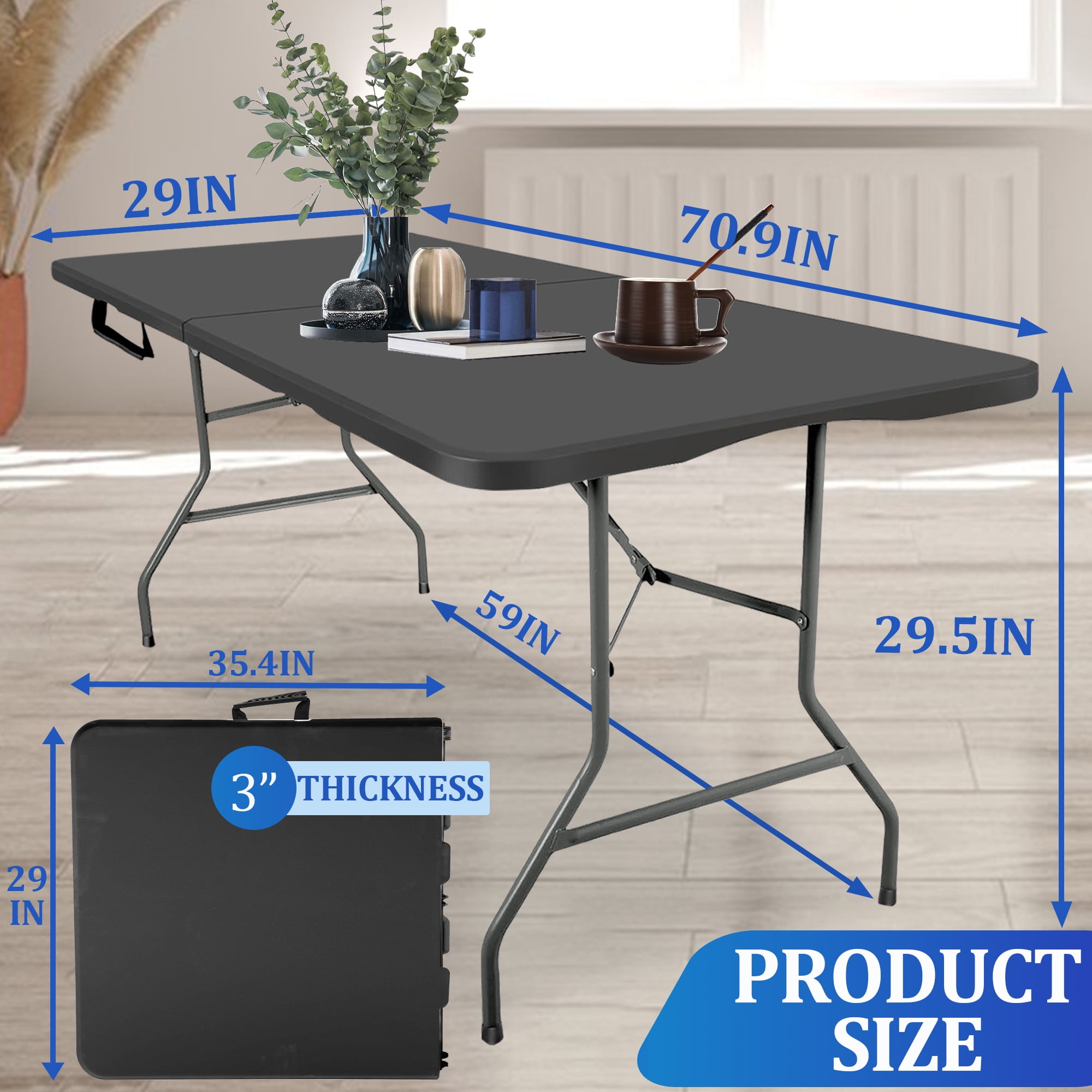 6FT Folding Table, Portable Plastic Design with Powder-Coated Steel Legs – Ideal for Picnics, Parties, Office and Camping – Convenient Carry Handle for Easy Transportation, Black - Image 9