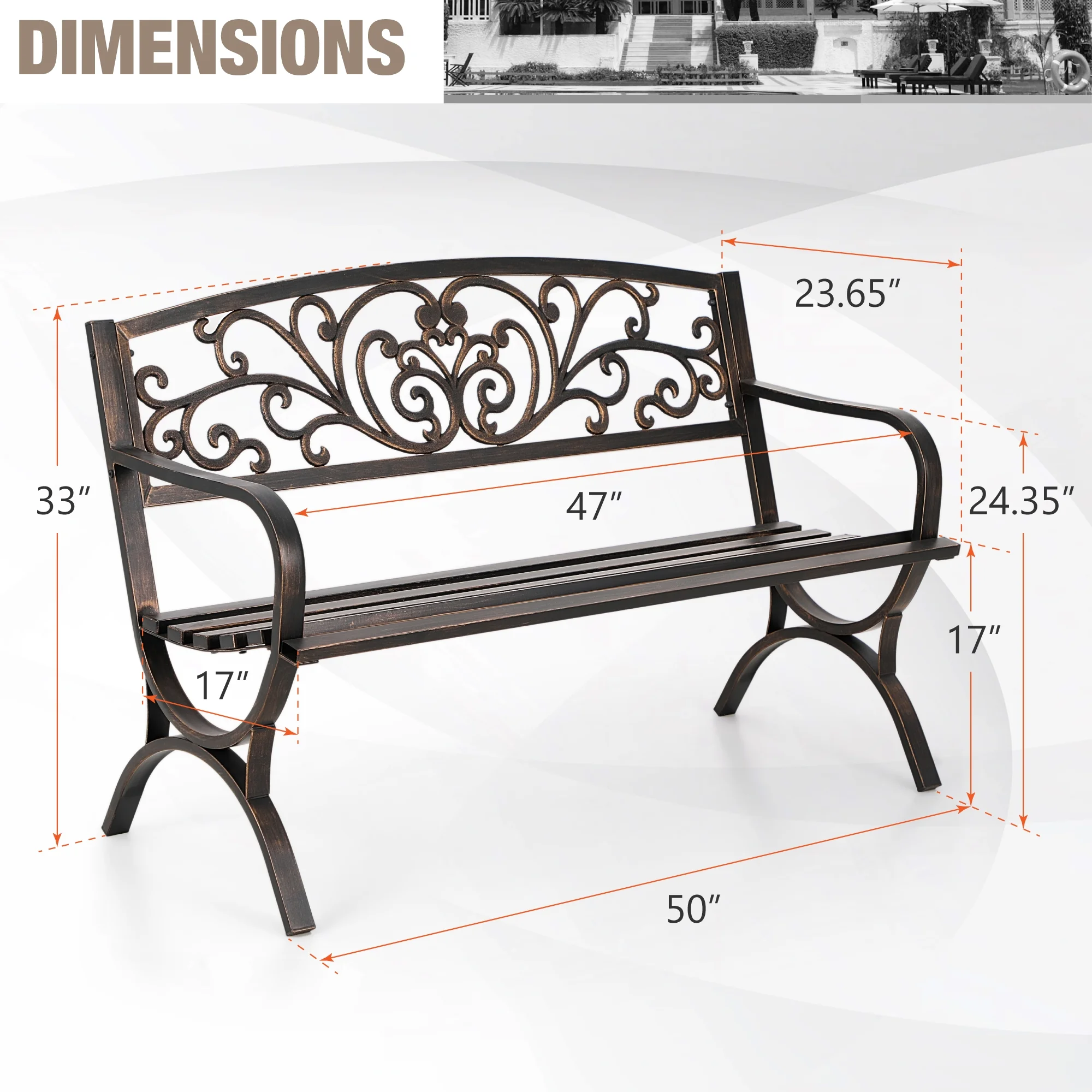 Summit Living 50 Inches Outdoor Garden Bench,Cast Iron Patio Park Bench Metal Frame,Bronze - Image 4