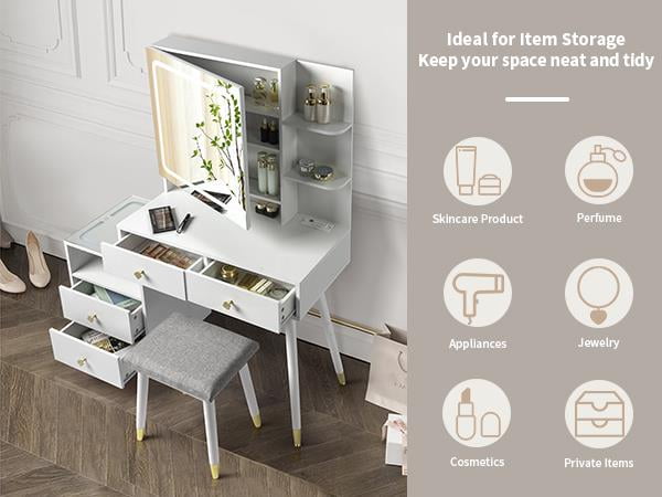 Ktaxon 3 Color Lighted Vanity Table Set, Makeup Table with LED Nightstand, Dressing Table with USB Charging Station, Women, Female Bedroom, White - Image 8