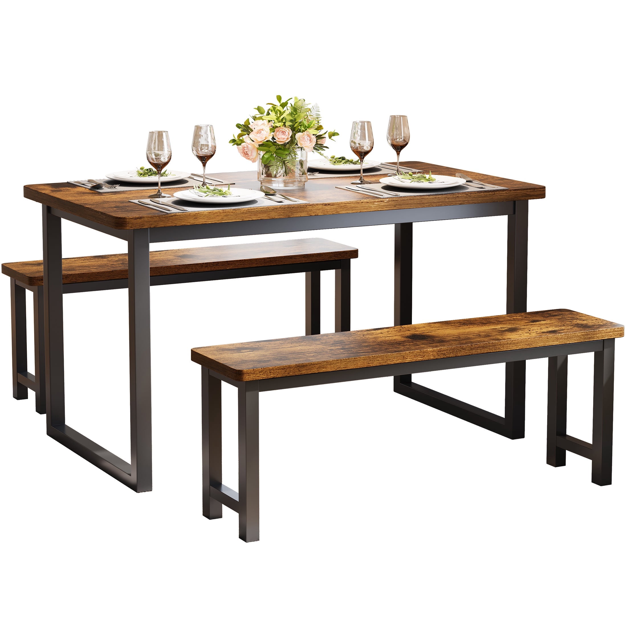 PORKISS 47.2" Dining Table Set for 4, Kitchen Table with 2 Benches, Wood Dining Room Dinette Sets with Metal Frame for Breakfast Nook and Small Space - Brown - Image 5