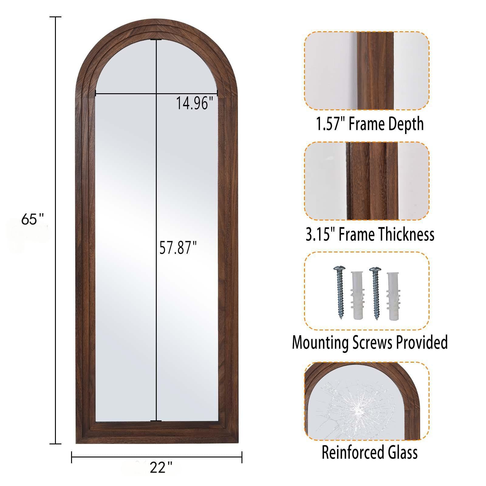 Anyrose 65"x22" Wooden Arched Full Length Floor Mirror,Brown - Image 4