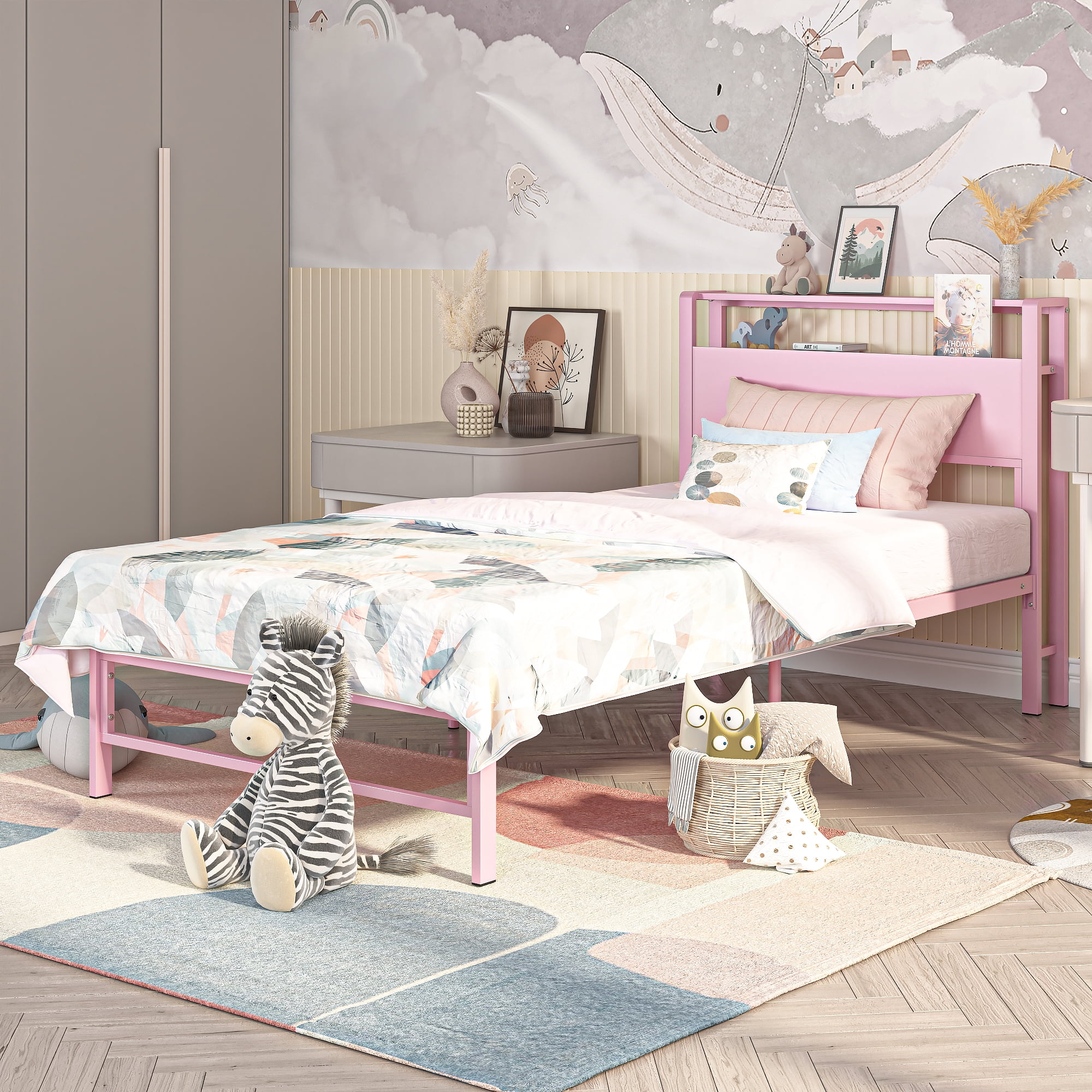 Yoneston 12" Twin Metal Bed Frame with 2-Tire Storage Headboard for Girls, Heavy Duty Platform Bed Frame Bedroom Furniture, Pink - Image 3