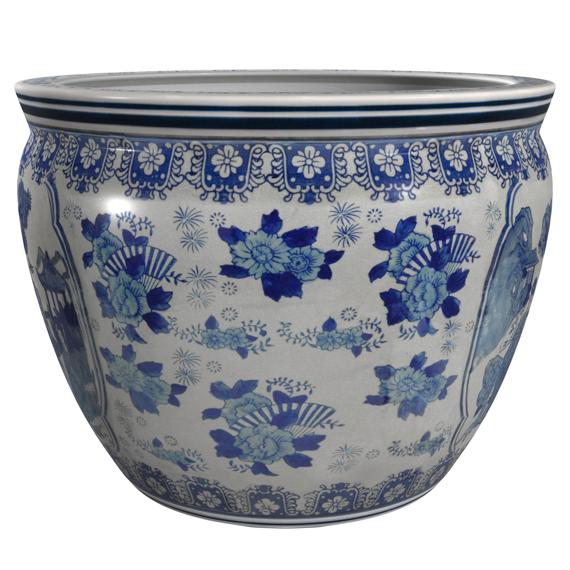 Red Lantern Large 18" Ladies Blue & White Porcelain Fishbowl Planter - Image 5