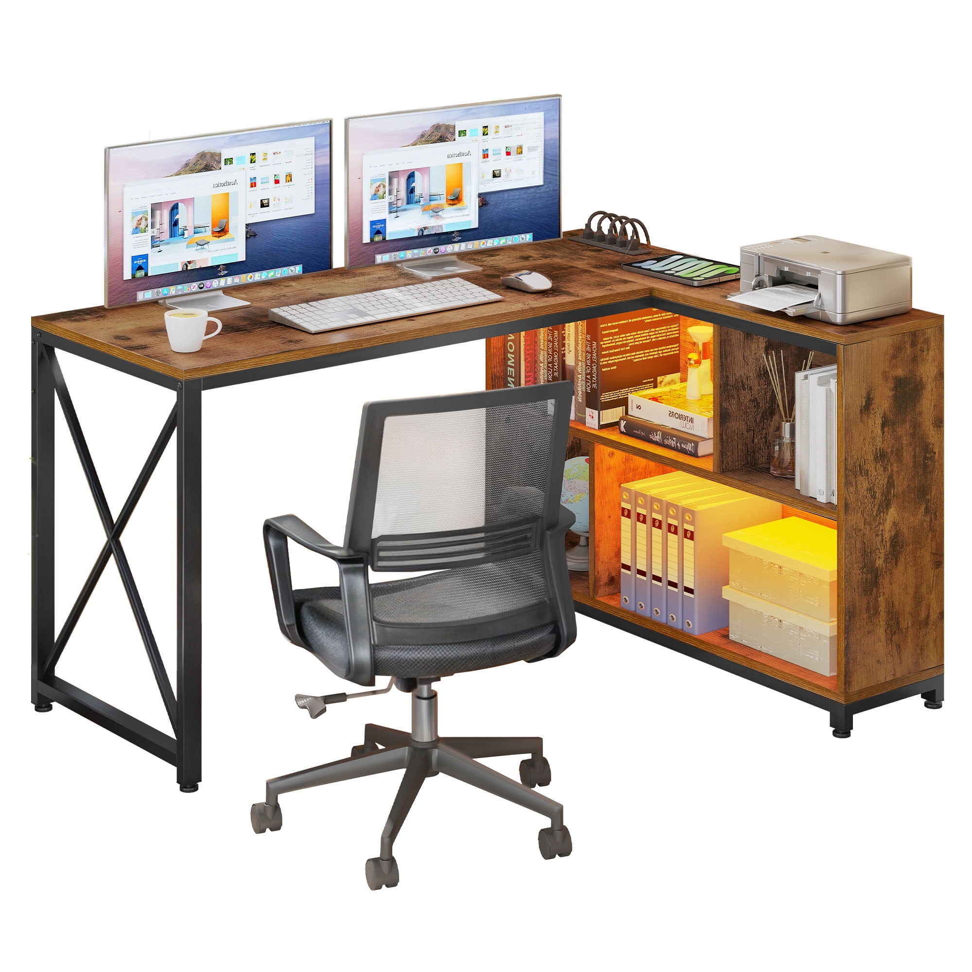 Dextrus L Shaped Desk with LED Light & Power Outlets, 55 Inch Reversible Corner Desk with Storage Shelves, Computer Desk Office Desk Executive Desk Writing Desk for Home Office, Brown - Image 5