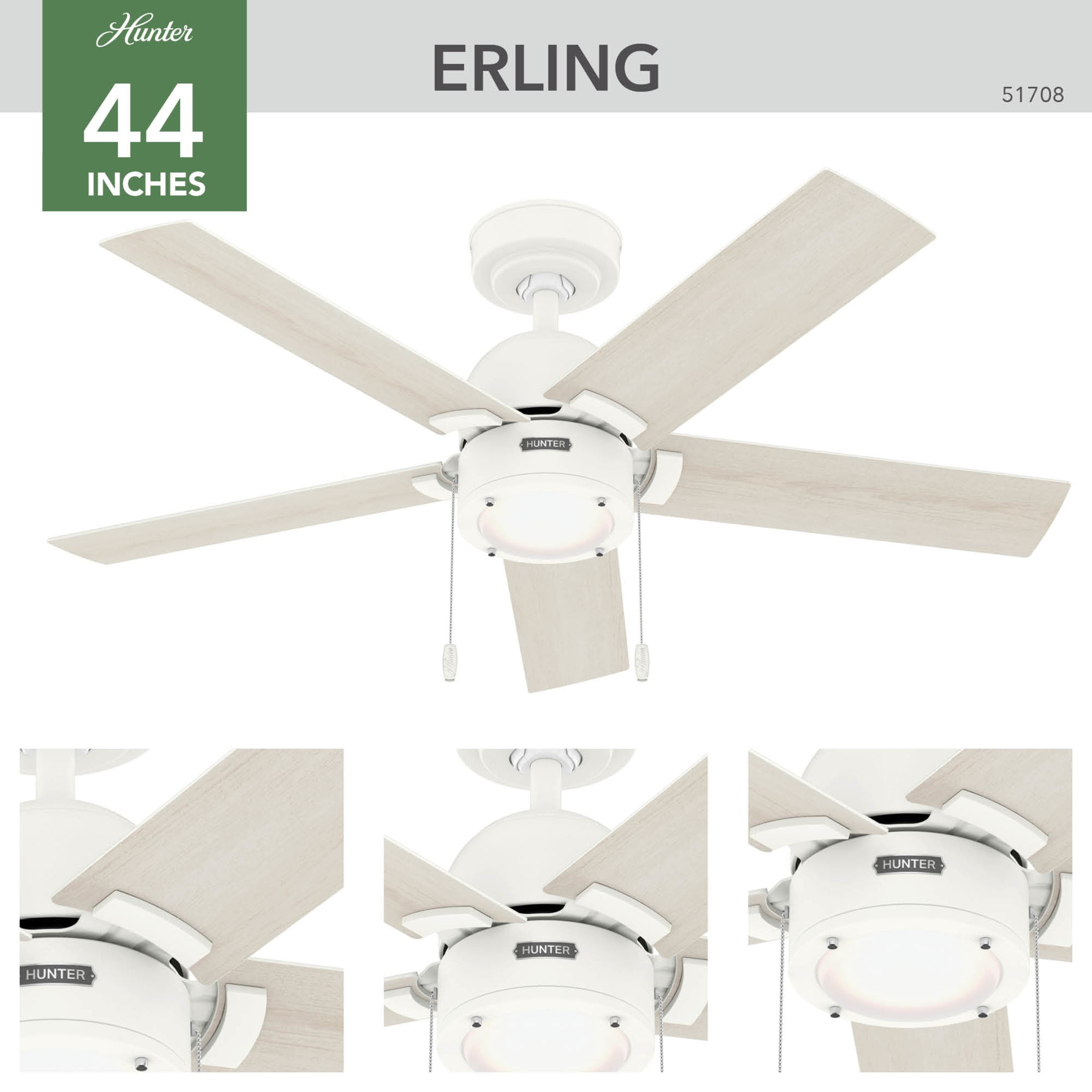 Hunter - Erling Indoor Ceiling Fan With Light, 44-inch, Matte White, Casual-style, 3-speed WhisperWind Motor, 51708, for Living Rooms, Bedrooms - Image 11