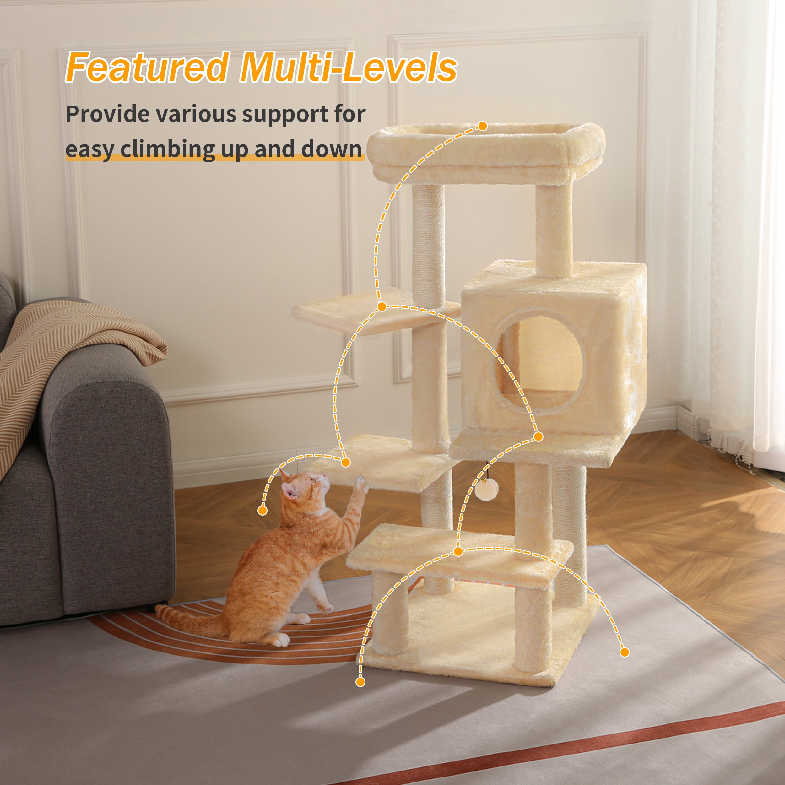 Vibrant Life 40inch Multi-Level Cat Tree Tower with Scratching Post and Cozy Condo, Cream - Image 9