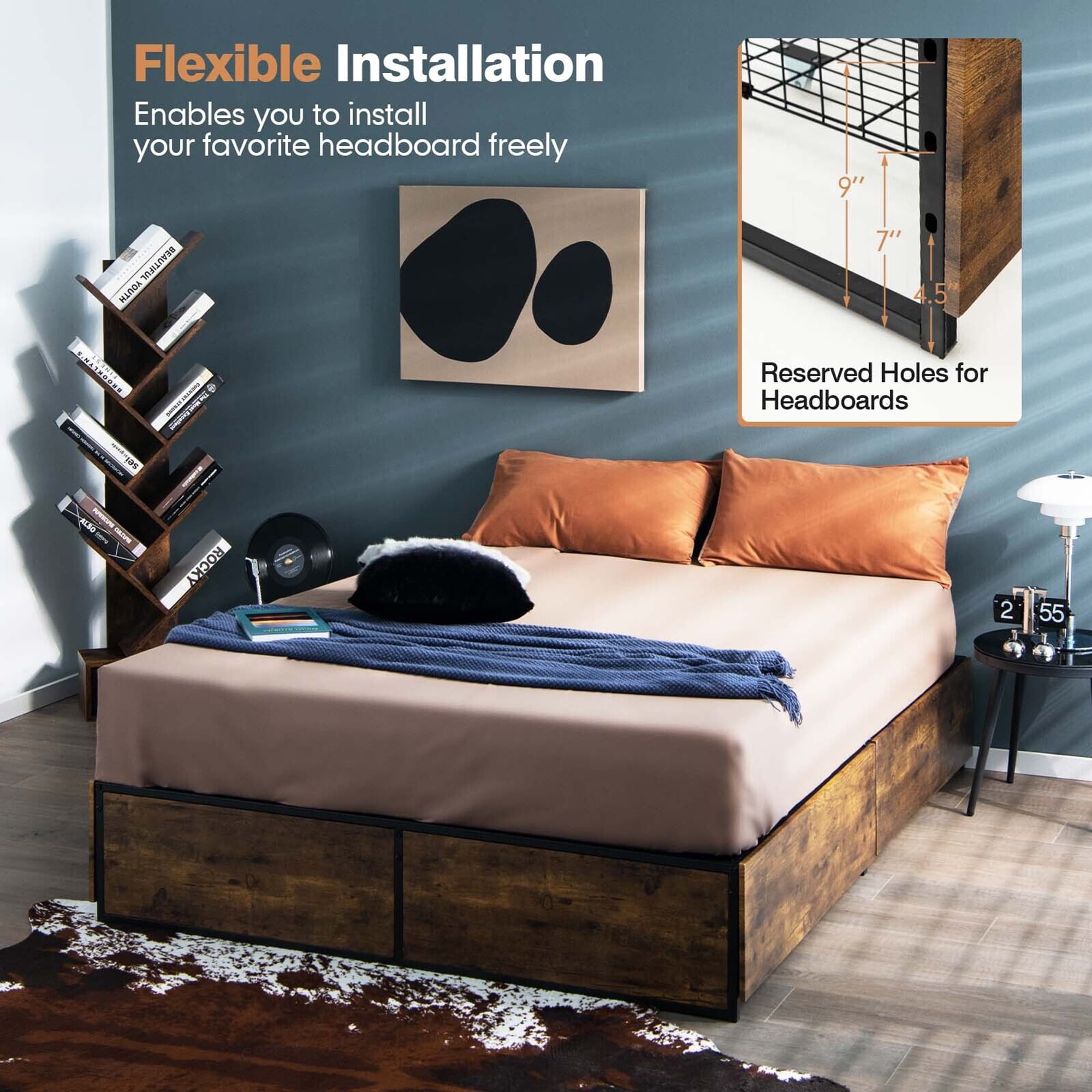 Gymax Queen Industrial Metal Platform Bed Frame with 4 Drawers Wooden Footboard - Image 7