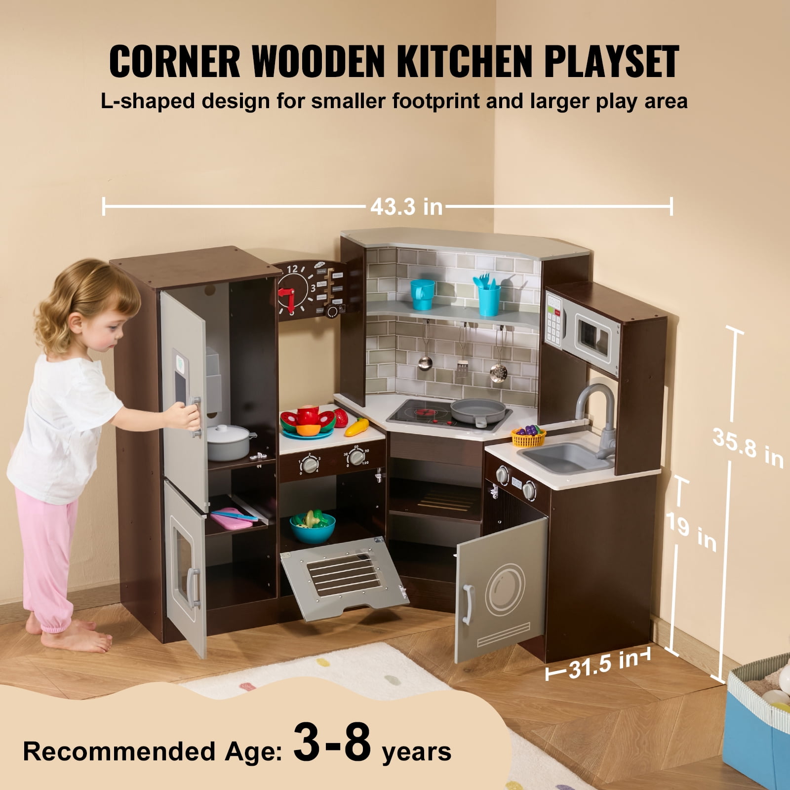 KFFKFF Play Kitchen Set for Kids, Includes Light & Sound Features, Kids' Kitchen with Ice Dispenser, Oven, Sink, Clock, Microwave, Fridge & Accessories, Ideal for Toddlers & Preschoolers, in Brown - Image 2