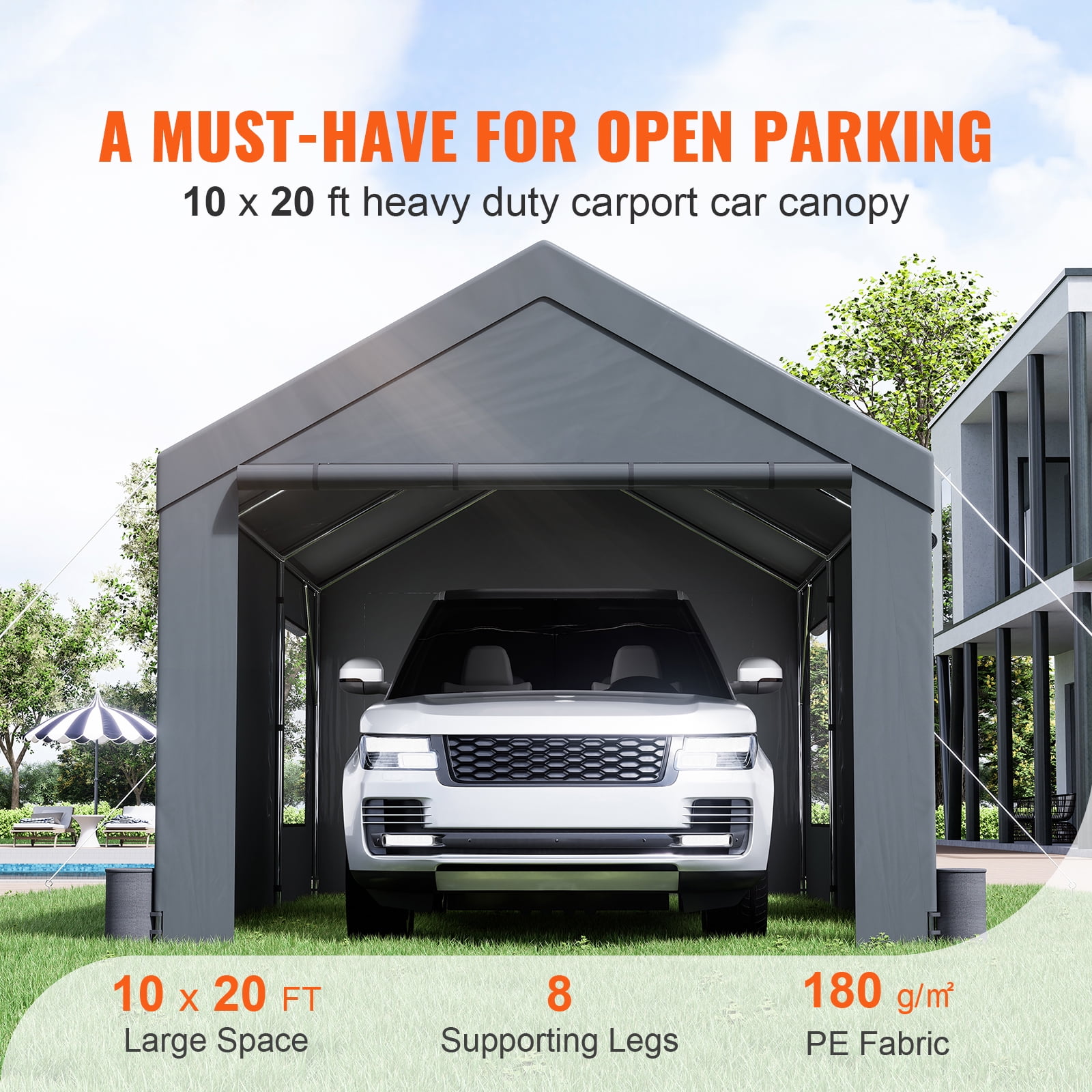 KFFKFF Carport Canopy Car Canopy 10 x 20 Feet & 8 Legs Side Walls & Windows Dark Gray - Image 8