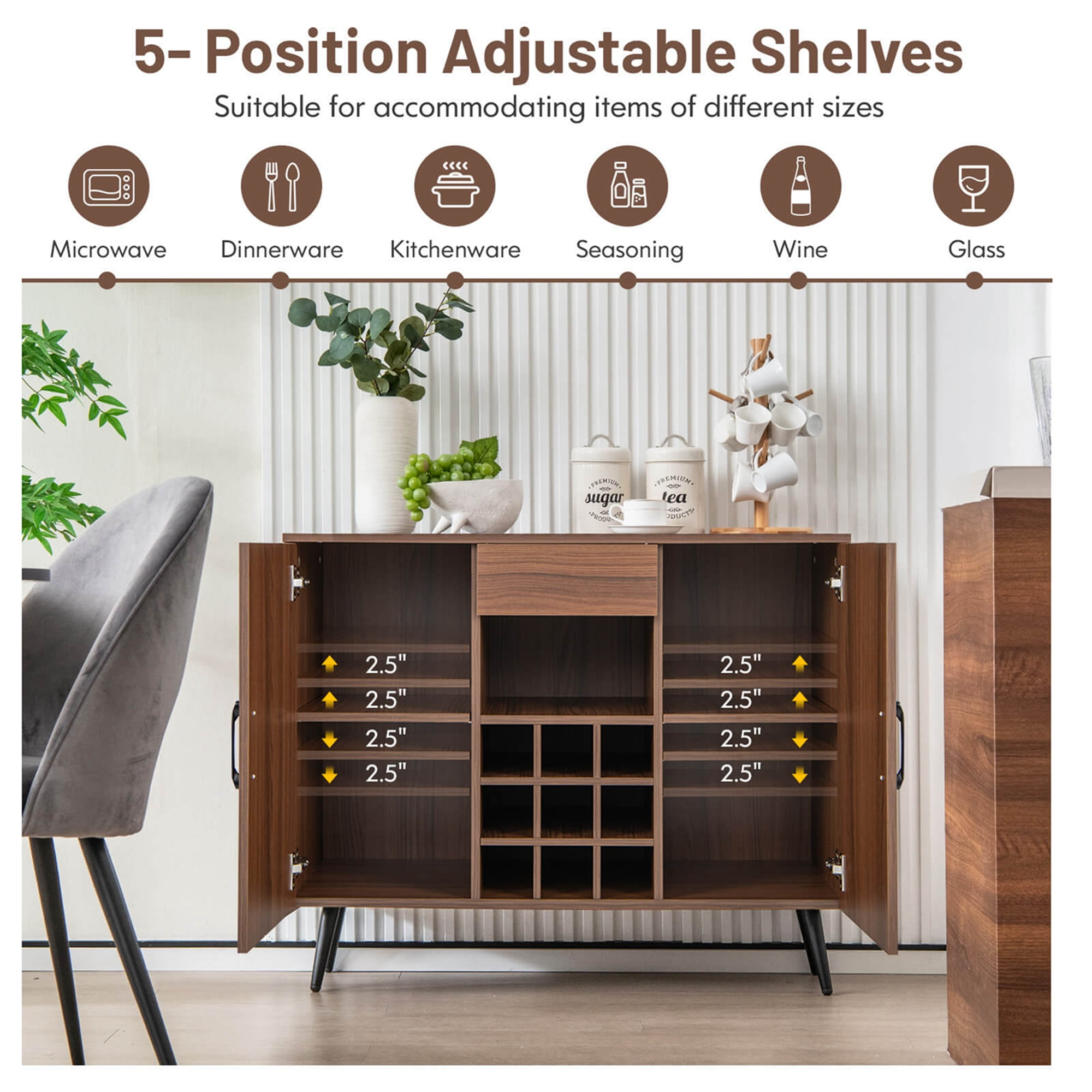 Costway Buffet Sideboard Cabinet Wine Bar Cabinet with Drawer & Adjustable Shelves - Image 2