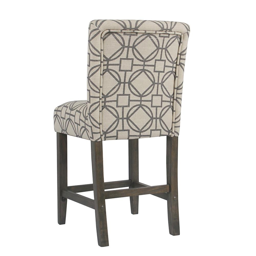 Wooden 24 Inch Counter Height Stool with Trellis Pattern Fabric Upholstery Cream and Gray - Saltoro Sherpi - Image 9