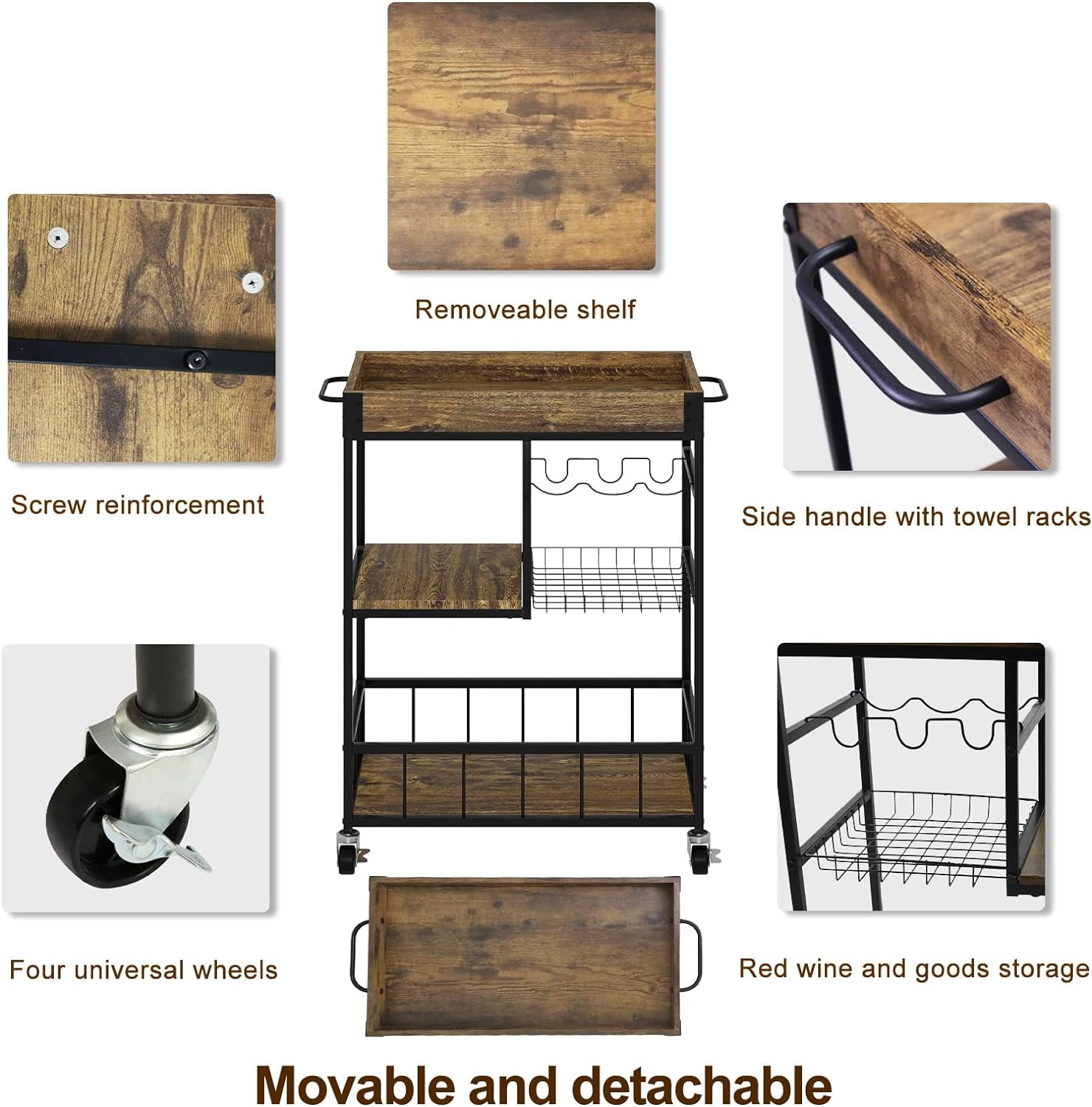 Aboxoo Vintage Style Kitchen Serving Cart with Basket - Image 7