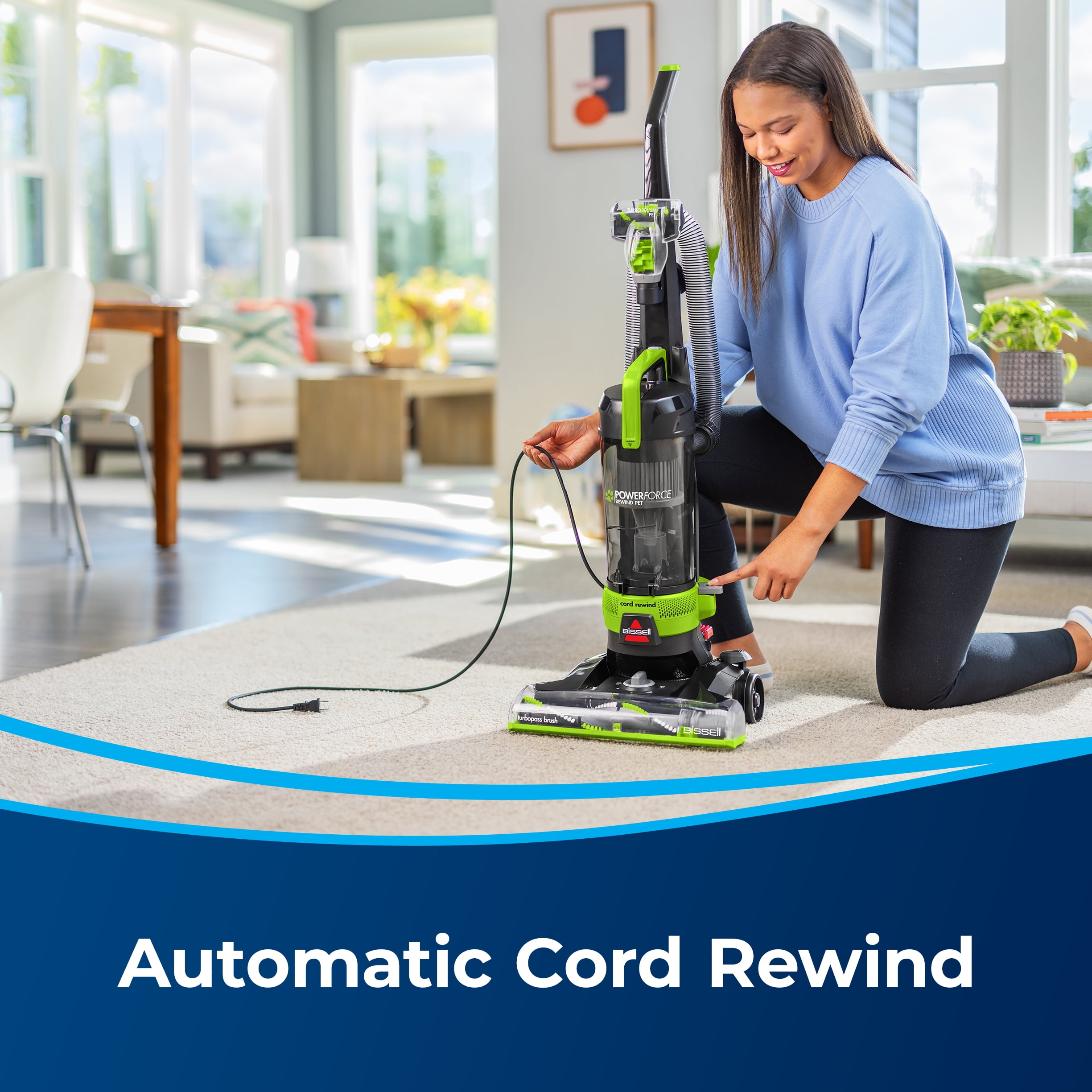 BISSELL PowerForce Helix Turbo Rewind Pet, Upright Vacuum, Pet Friendly, Automatic Cord Rewind, Powerful Pet Hair Pickup, Extra-Wide Cleaning Path, 3333, Black & Green - Image 2