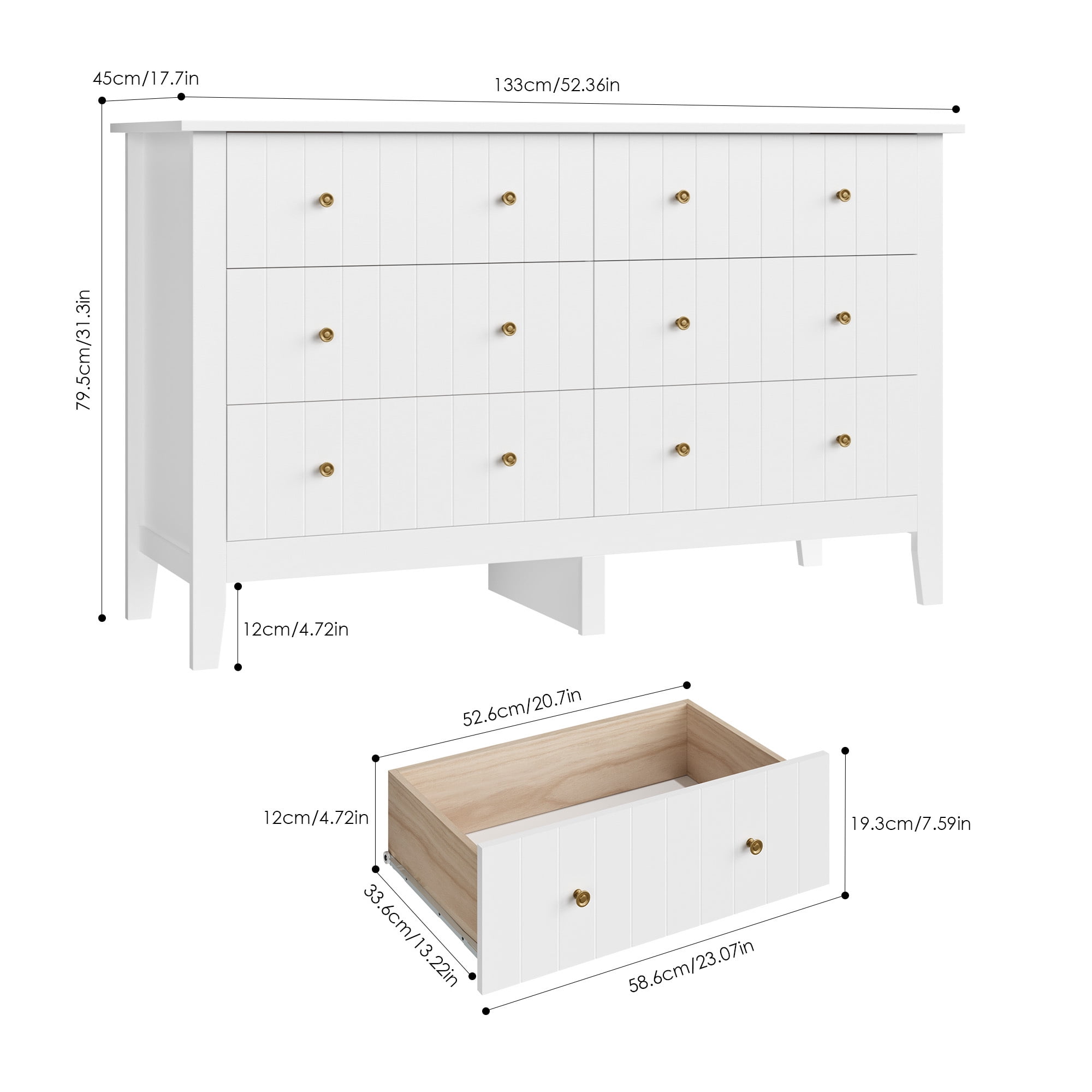 Homfa 6 Drawer Double White Dresser for Bedroom, Modern Dresser Wood Storage Cabinet with Classic Handle for Living Room - Image 8