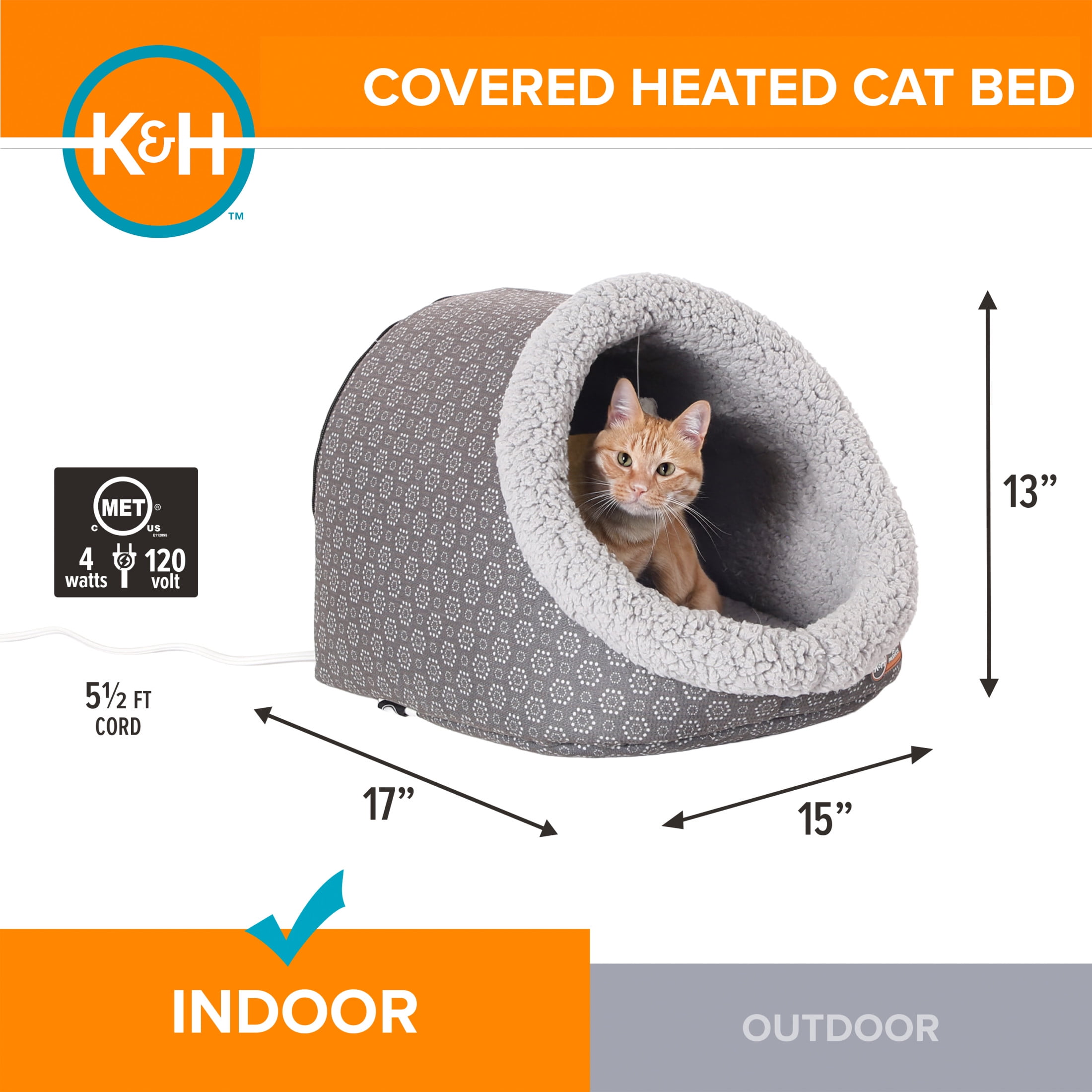 K&H Pet Products Thermo-Pet Cave Cat Bed Heated Gray/Geo Flower 17 X 15 X 13 Inches - Image 3