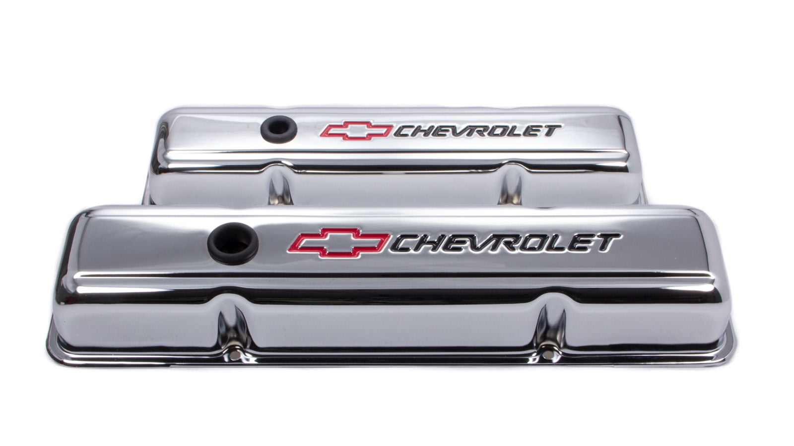 Proform 141-899 Valve Covers Short Chrome Steel Red Bowtie Black Chevrolet Logo Fits select: 1967-1986 CHEVROLET CAMARO, 1969-1986 CHEVROLET C10 - Image 3