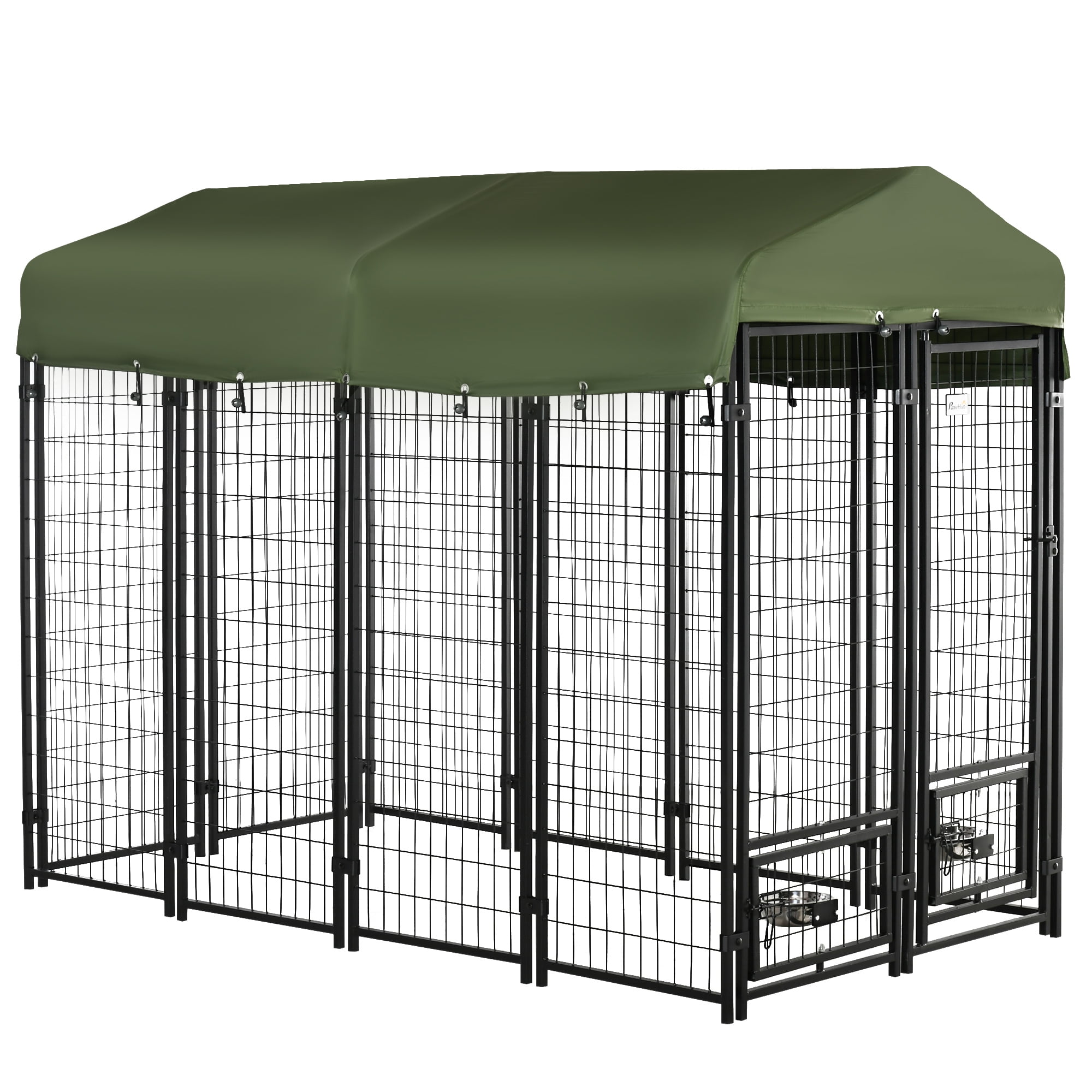 PawHut 8' x 4' x 6' Outdoor Dog Kennel with Rotating Bowl Holders, Walk-in Pet Playpen, Welded Wire Steel with Water and UV-Resistant Canopy, Green - Image 2