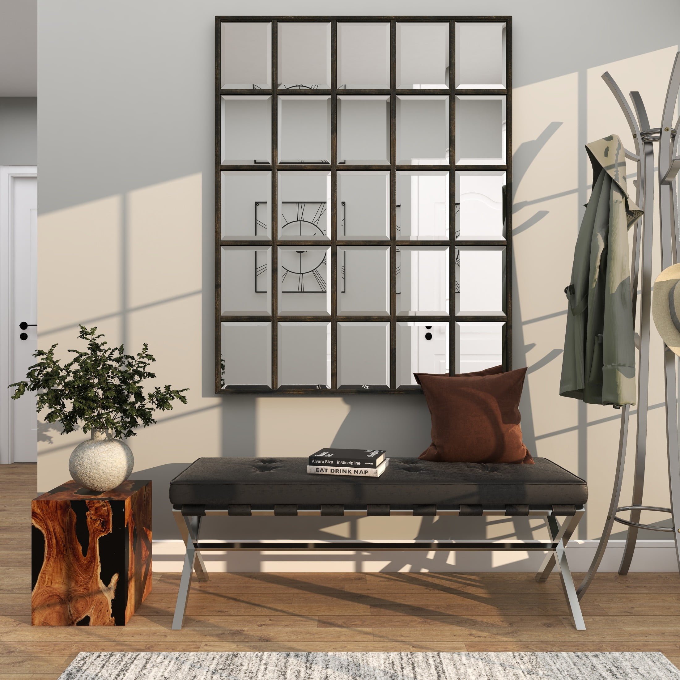 DecMode 12" x 15" Brown Teak Wood Block Abstract Accent Table with Black Resin Inlay, 1-Piece - Image 3