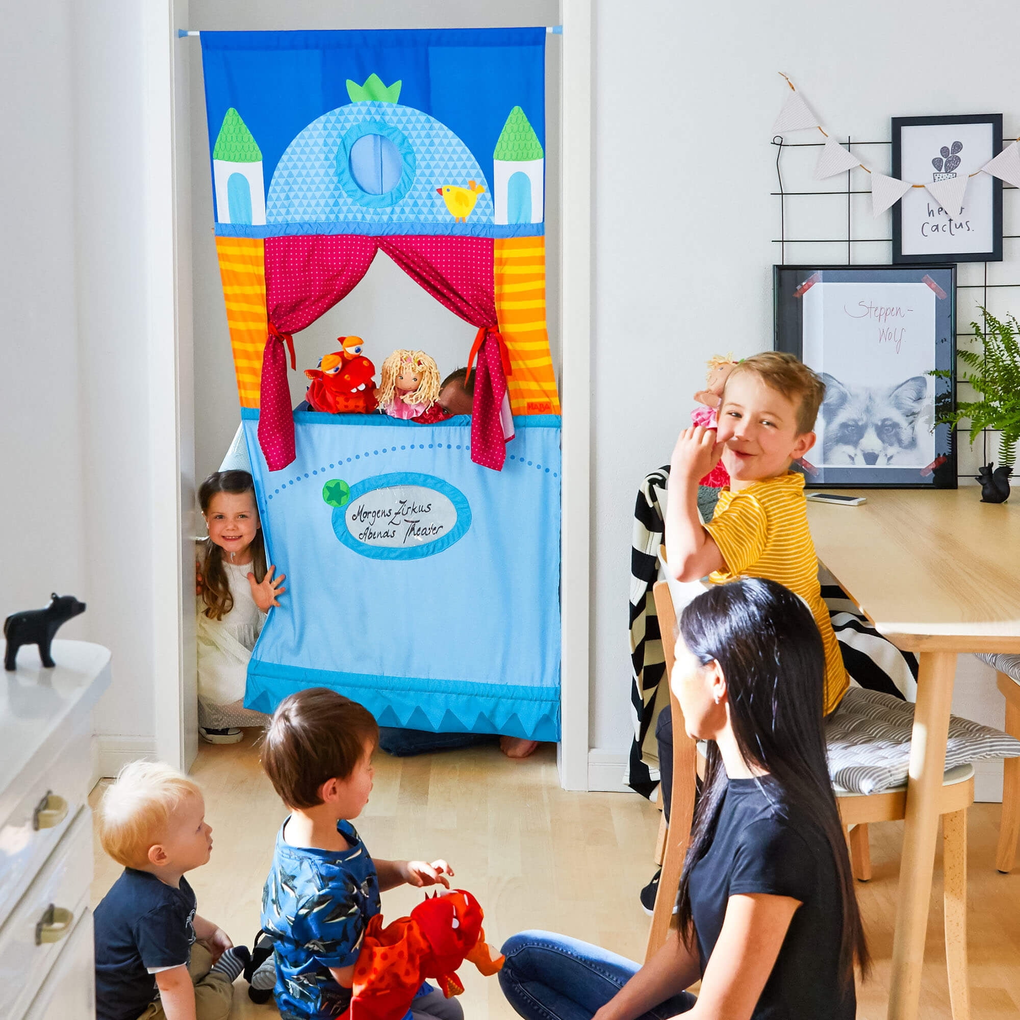 HABA Doorway Puppet Theater - Space Saver with Adjustable Rod: Ideal for Pretend Play, Hand Puppets, Educational Kids Activities, & Toys for Toddlers - Image 4