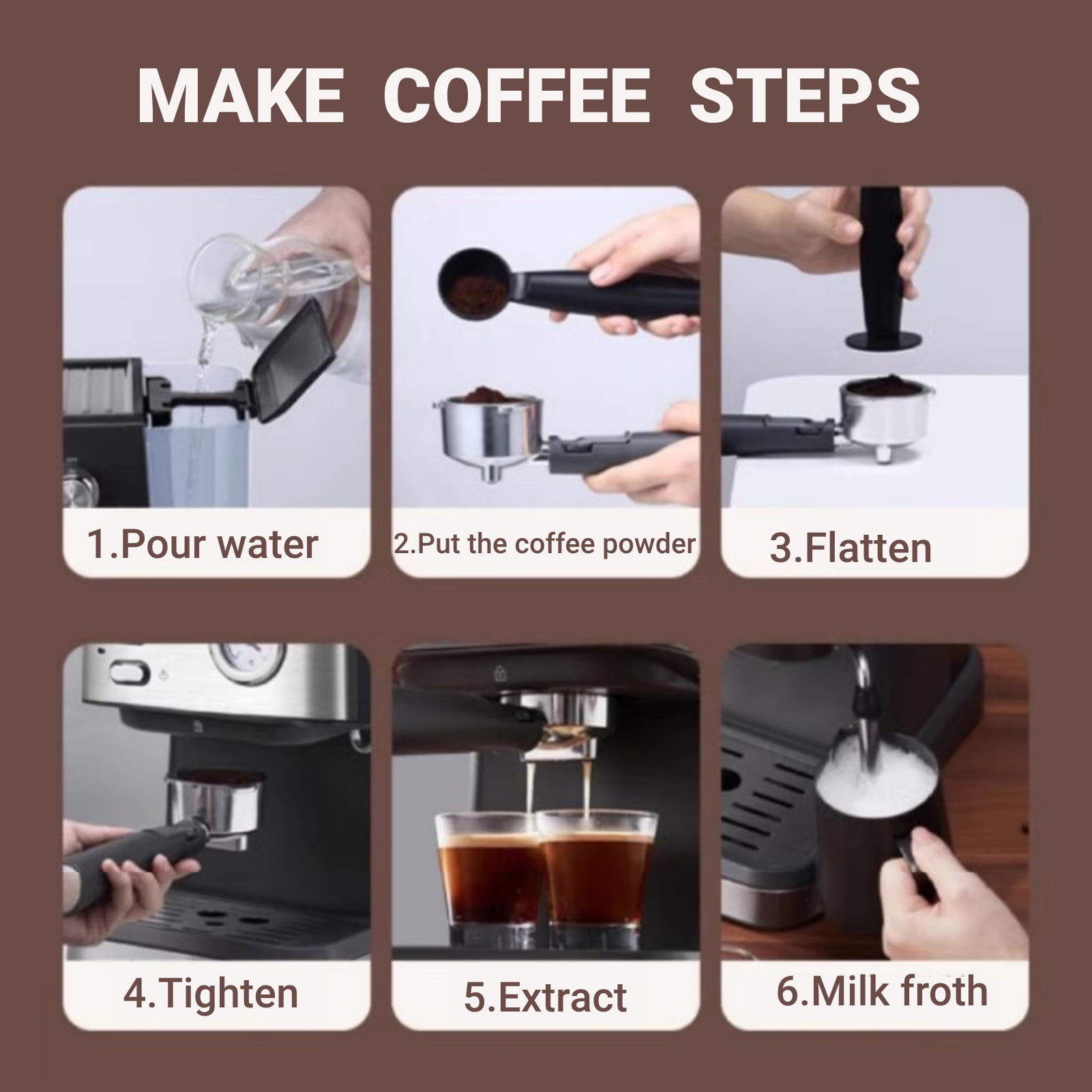 Fyydes Espresso Machine 20 Bar, 1.5L Water Tank with Milk Frother Steam, Stainless Steel Coffee Maker for Espresso, Latte, Mocha, Americano, 1050W, Silver - Image 2