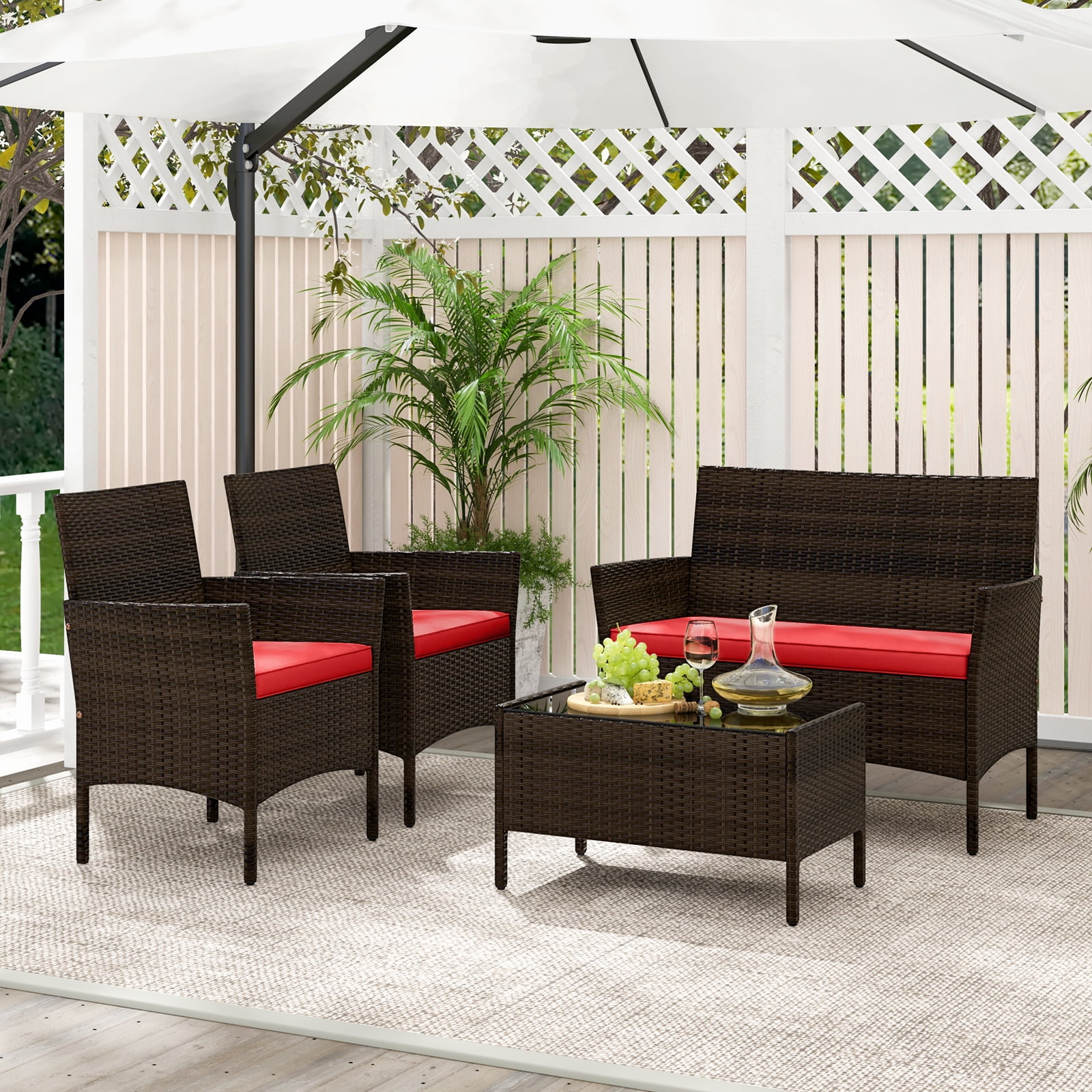 Gymax 4PCS Outdoor Furniture Set Patio Rattan Conversation Set w/ Red Cushion - Image 8