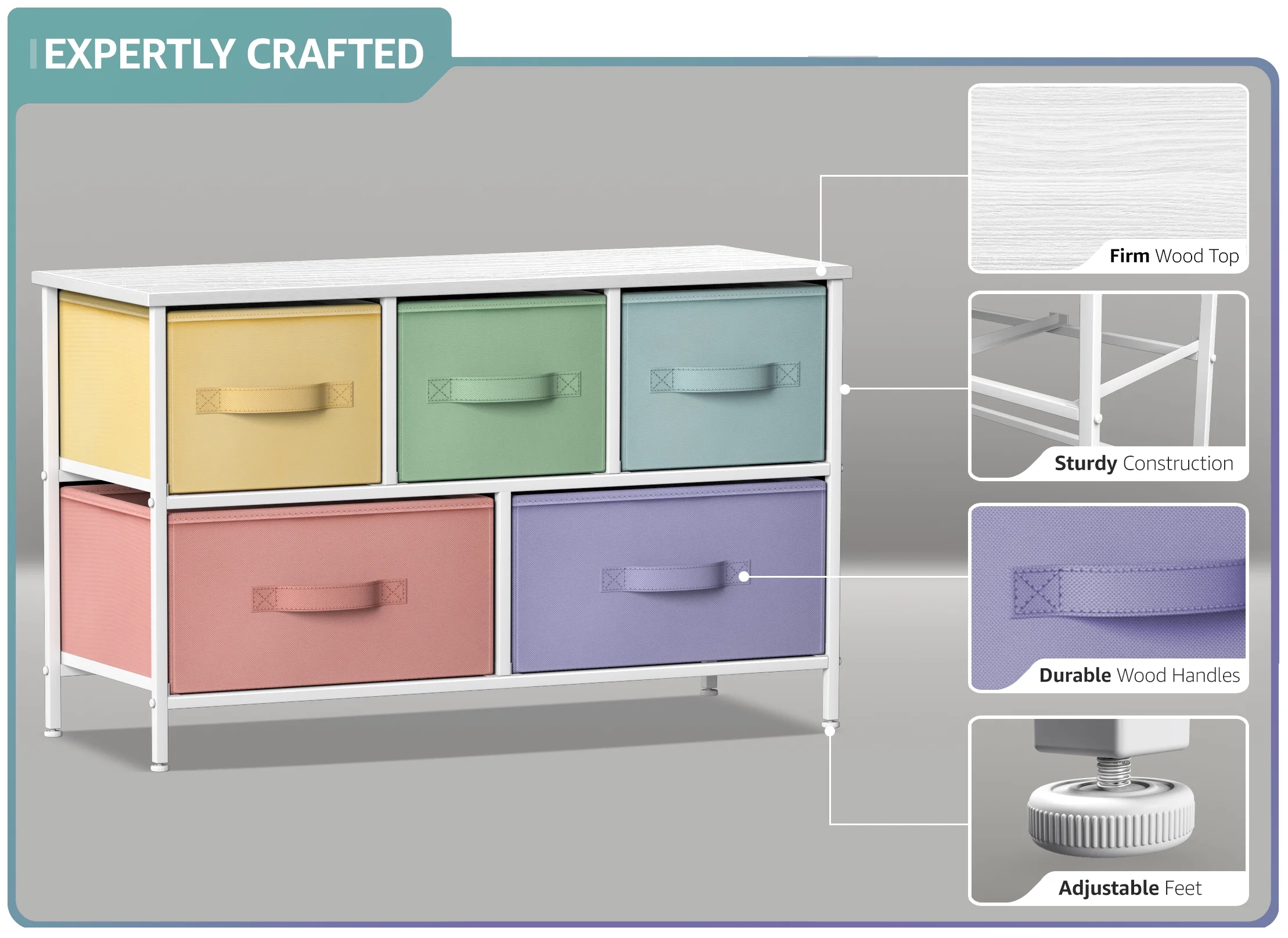 Sorbus 5 Drawer Storage Cube Modern Design Dresser, Pastel/White - Image 3