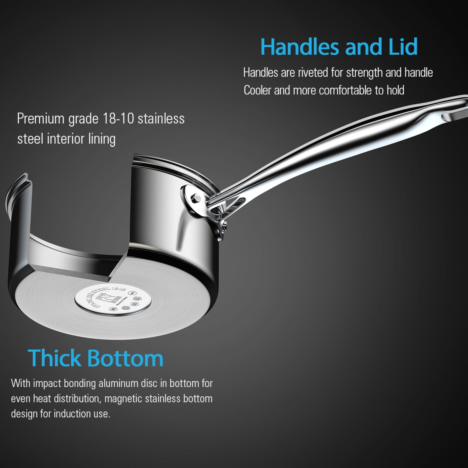 Cook N Home Pots and Pans Stainless Steel, 8-Piece Induction Pot Kitchen Cookware Set, Silver, Oven Safe - Image 2