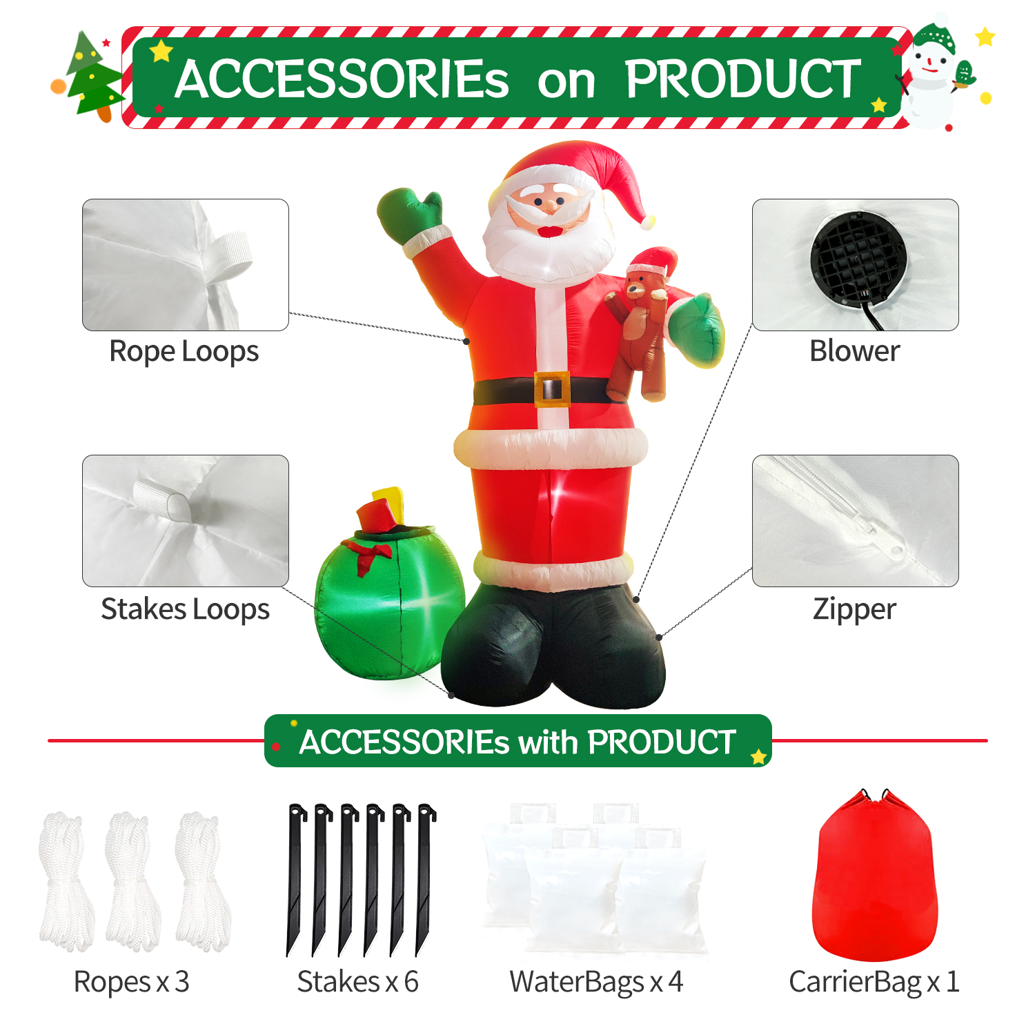 DeeKom 12' Christmas Inflatable Outdoor Decorations, Xmas Giant Blow up Santa Claus with Gift Bag, Built-in LEDs for Lawn Yard Garden Party Festival Celebration - Image 3