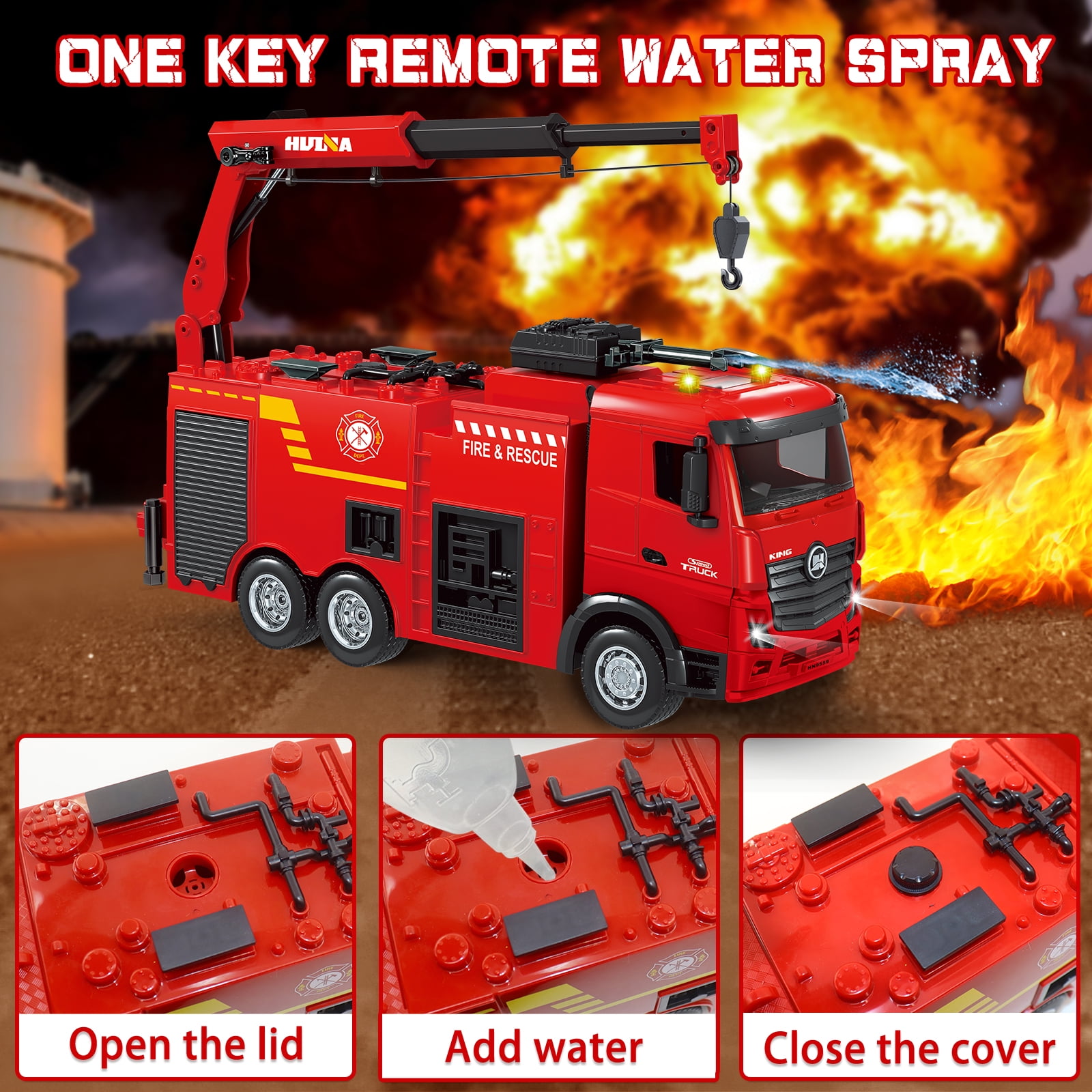 Remote Control Fire Truck, 9 Channel RC Rescue Firetruck with Water Spraying Pump and Lights Sounds, RC Crane RC Truck Toys for Kids Boys Gift - Image 4