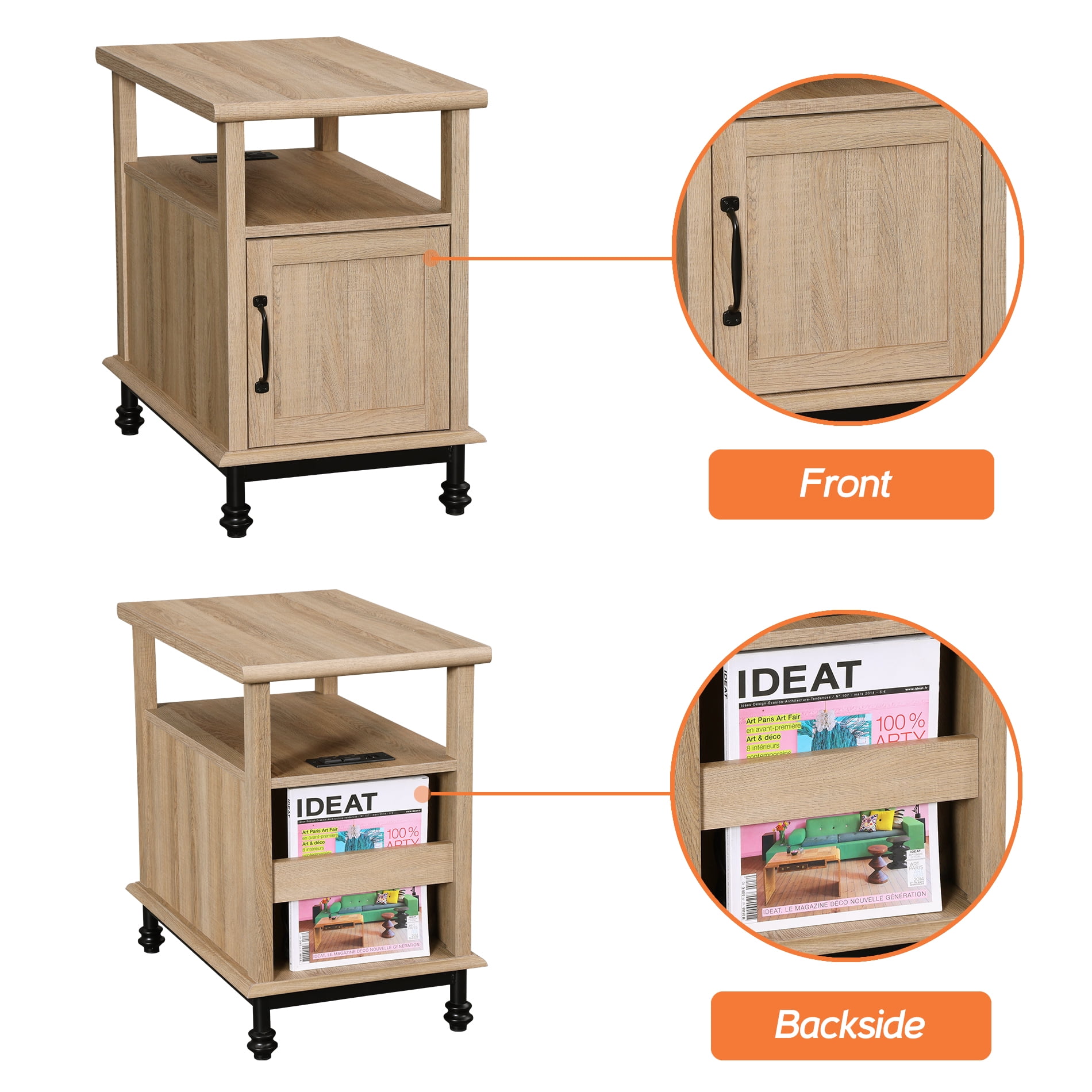 Oak End Table Bedside Table with Charging Station & Cabinet for Bedroom, Side Table for Living Room, 23.6 inches - Image 3