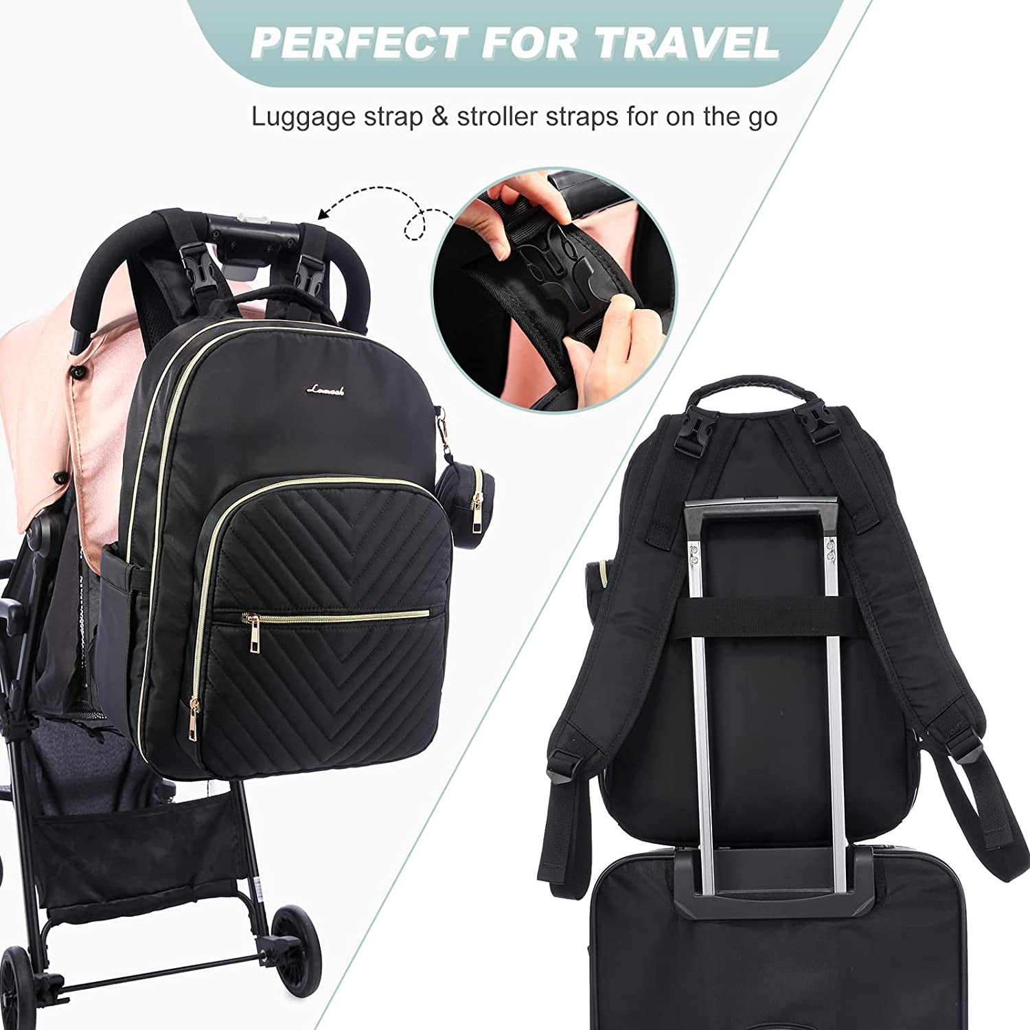 LOVEVOOK Diaper Backpack, Waterproof Quilted Diaper Bag with Changing Station & Pacifier Holder for New Mum & Daddy Travel- Large & Black - Image 2