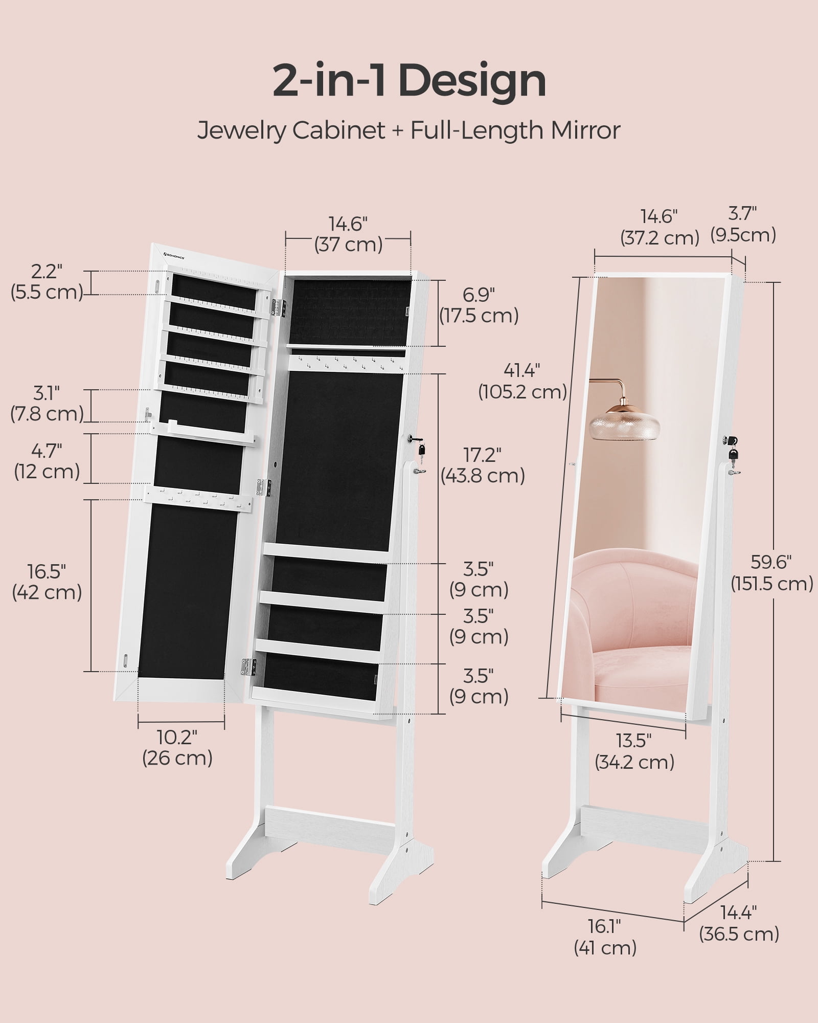 Jewelry Armoire Cabinet With Full-Length Mirror, Lockable Organizer, White & Black, Gift Idea - Image 2