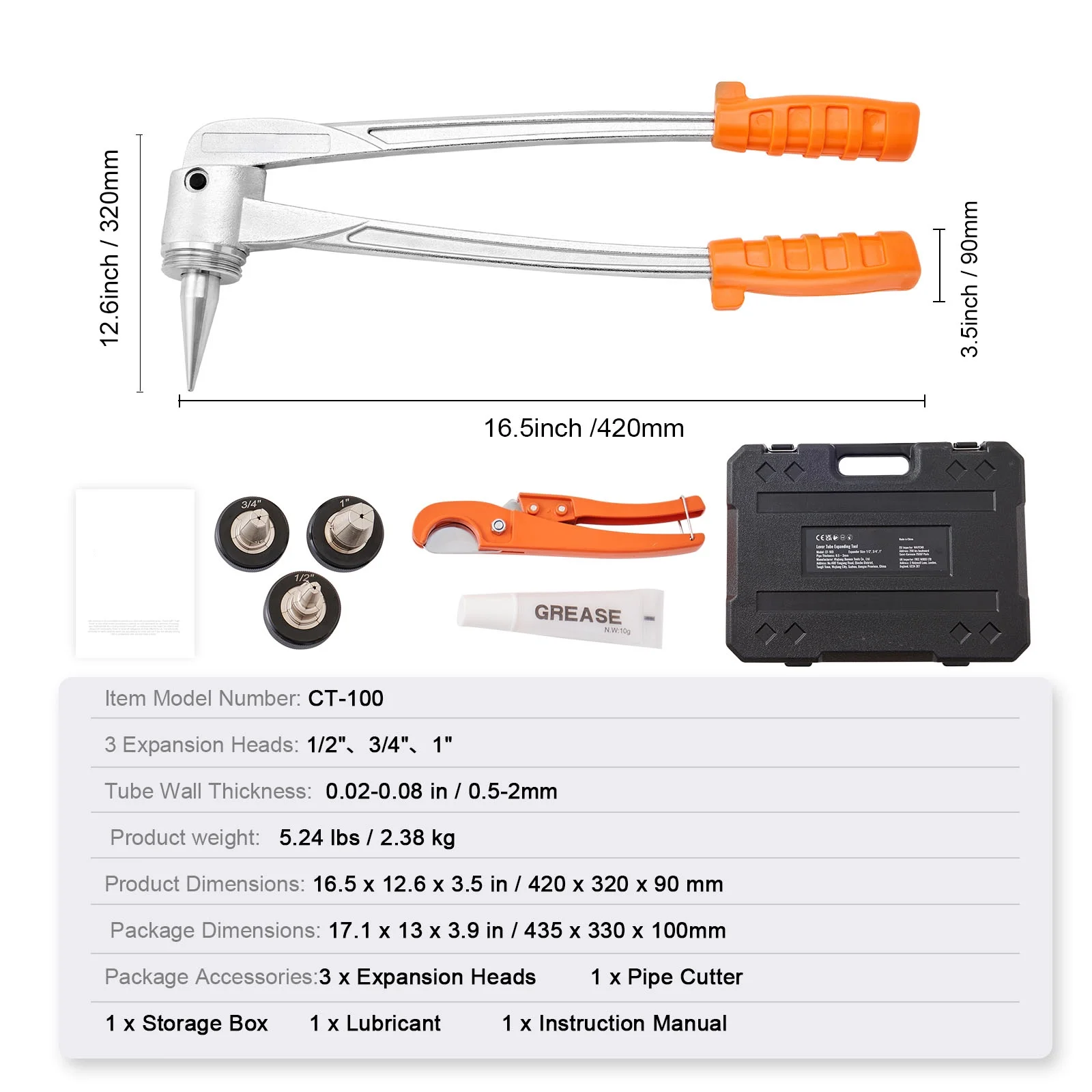 VEVOR Pipe Tube Expander, 1/2", 3/4", 1" OD Manual Lever PEX Tubing Expander, PEX Tools Expander with 3 Expander Heads, Pipe Cutter, Grease for PEX Tube and Copper Pipe - Image 9